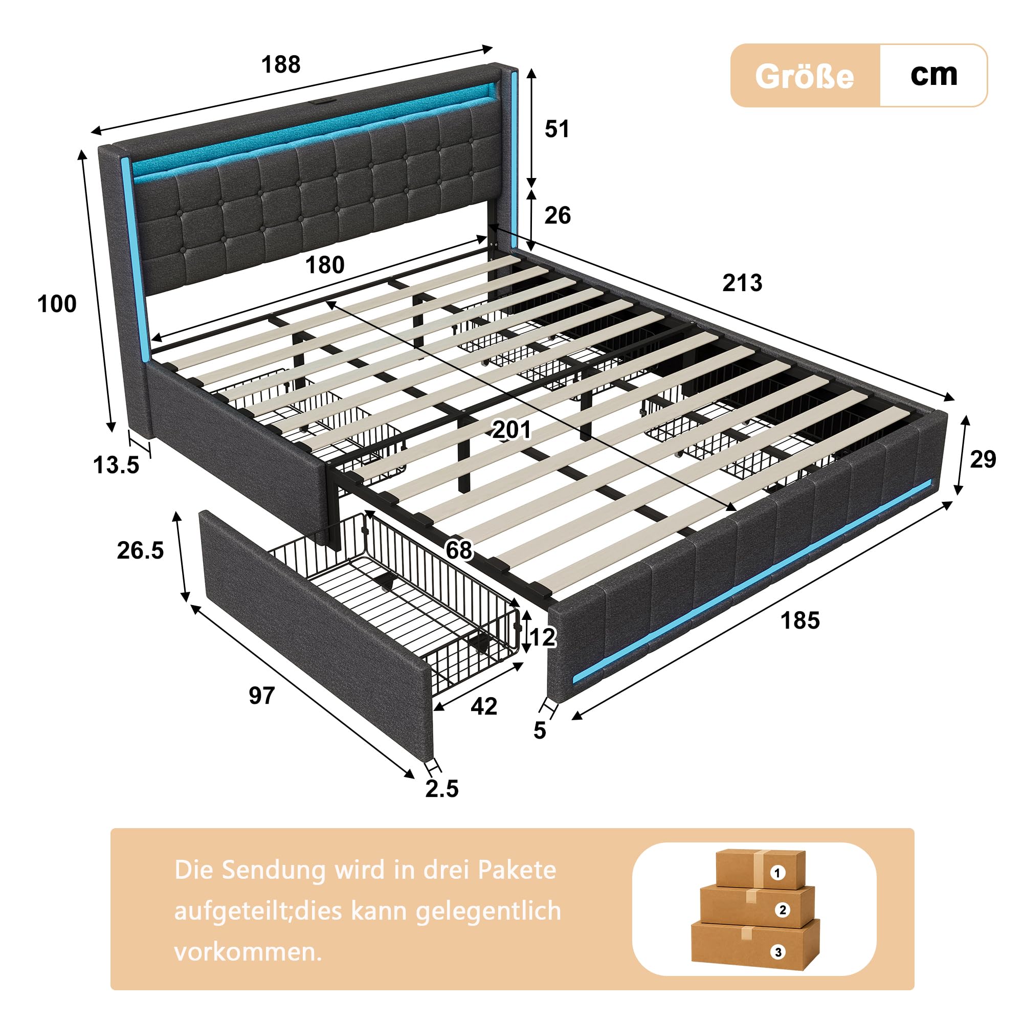 Łóżko 180 x 200 z miejscem do spania, łóżko podwójne tapicerowane w kolorze ciemnoszarym lnianym, głowica i podnóżek, długie USB, 4 szuflady, łóżko skrzyniowe ze schowkiem, solidna rama łóżka