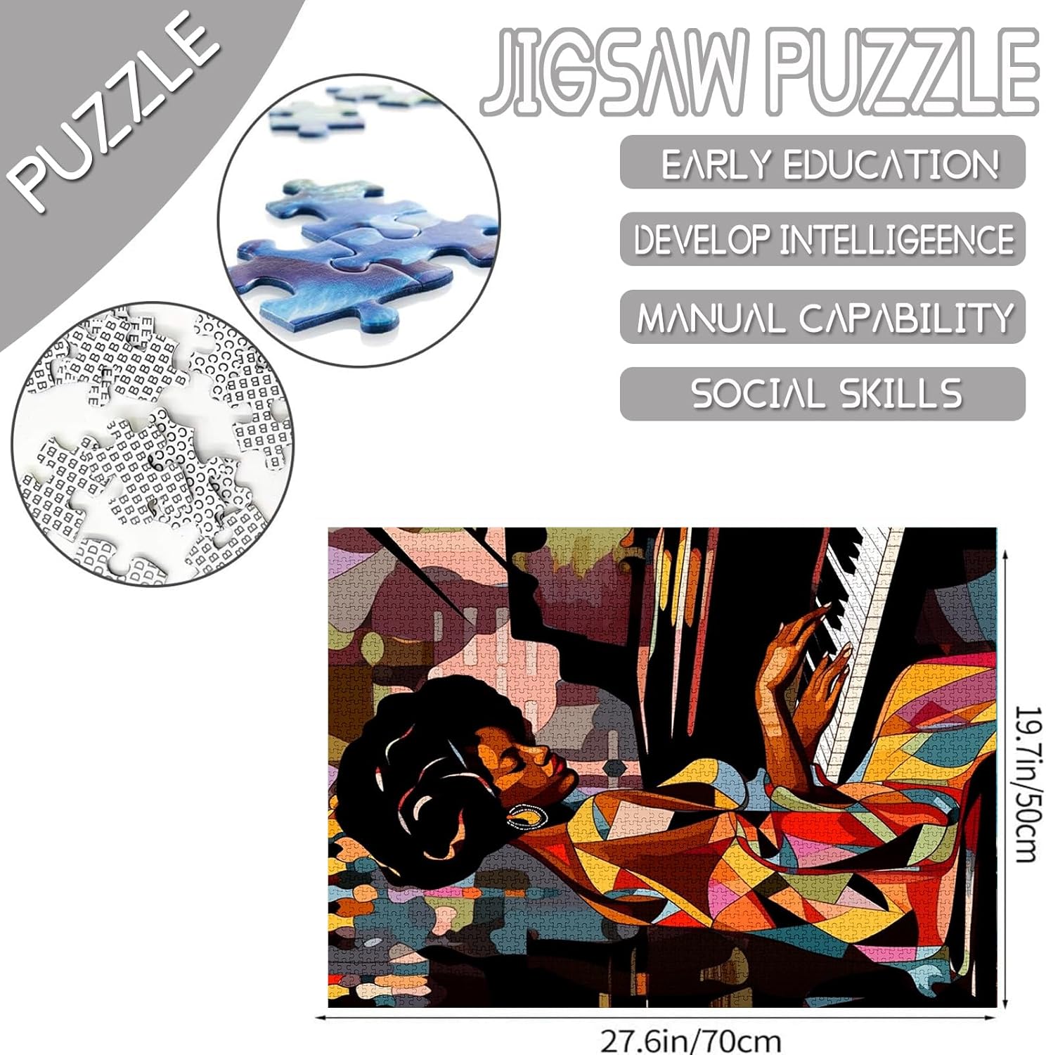 African Women Black Girl Jigsaw Puzzles 1000 Pieces for Adults,Families(Piano,African American Girl,Jazz Female)Pieces Fit Together Perfectly 19.7''x27.6''inch Black History Frameable Magic Puzzle Art