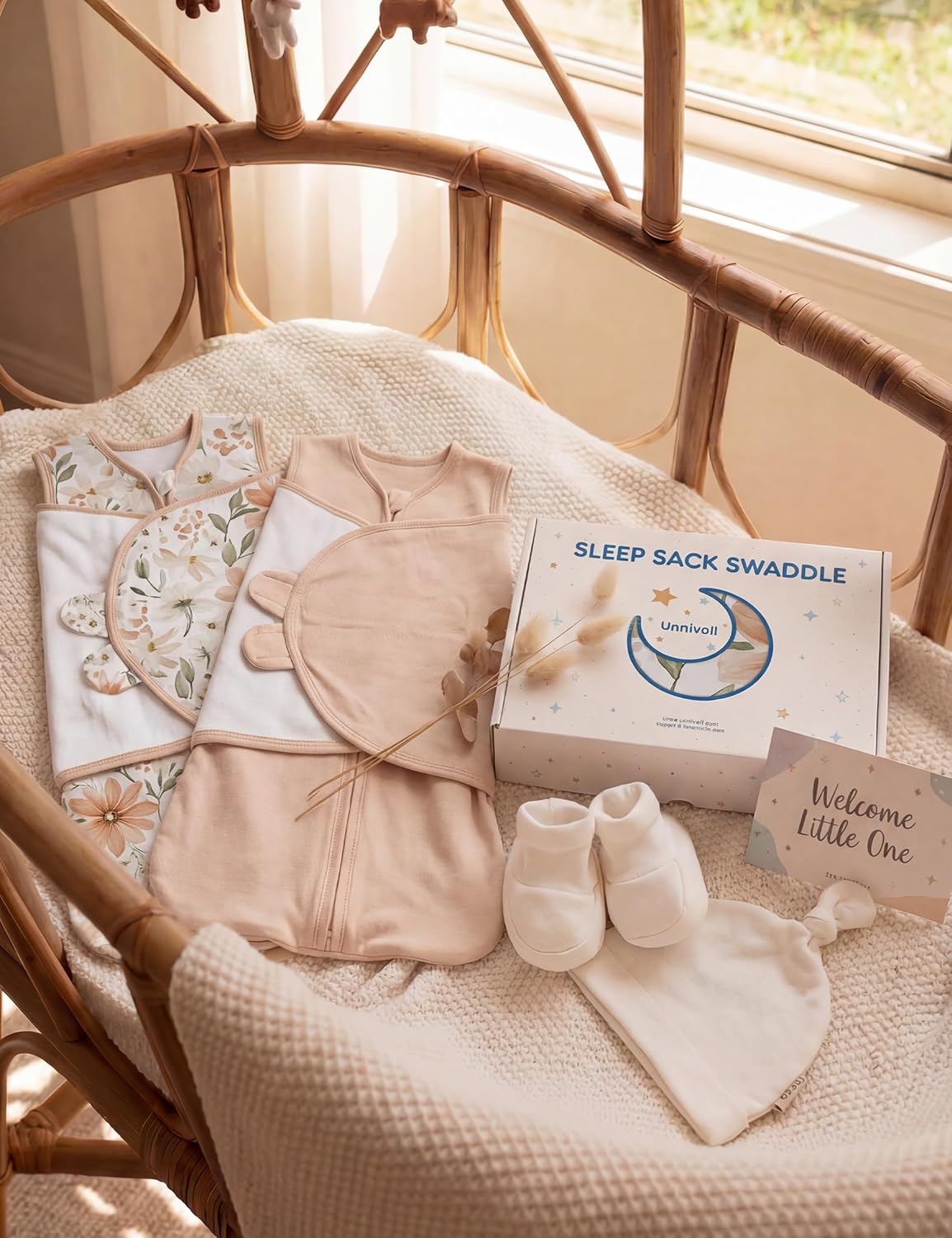Unnivoll Newborn Sleep Sack Swaddle 100% Cotton Baby Swaddle 0-3 Months, 3-Way Adjustable Wearable Blanket, TOG 0.5, 2 Pack for Baby Boy Girl White Brown Flower