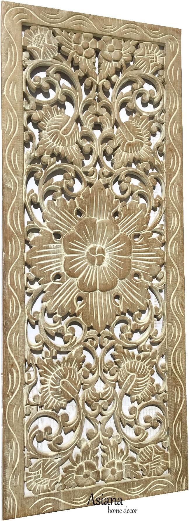 Large Carved Wood Wall Panel. Floral Wood Carved Wall Decor. Size 35.5"x13.5"x0.5" (Light White Wash)