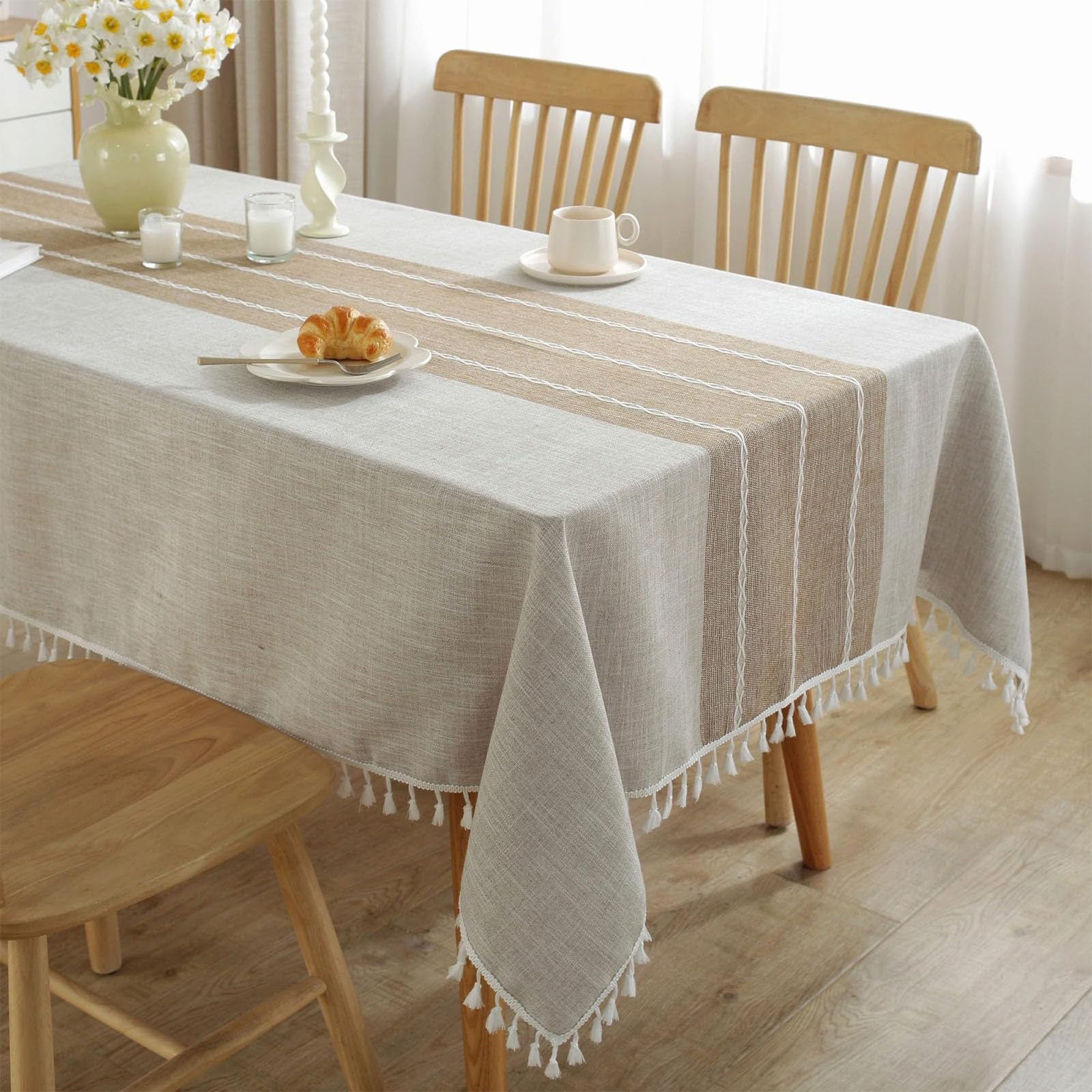 Joyzzz Tablecloth for Dining Table, 55" X 70" Linen Tablecloth, 4-6 Seats Fabric Table Cloths with Tassels, Khaki Tablecloth, Dust Proof Spill Proof Soil Resistant Cotton Linen Rectangle Tablecloths