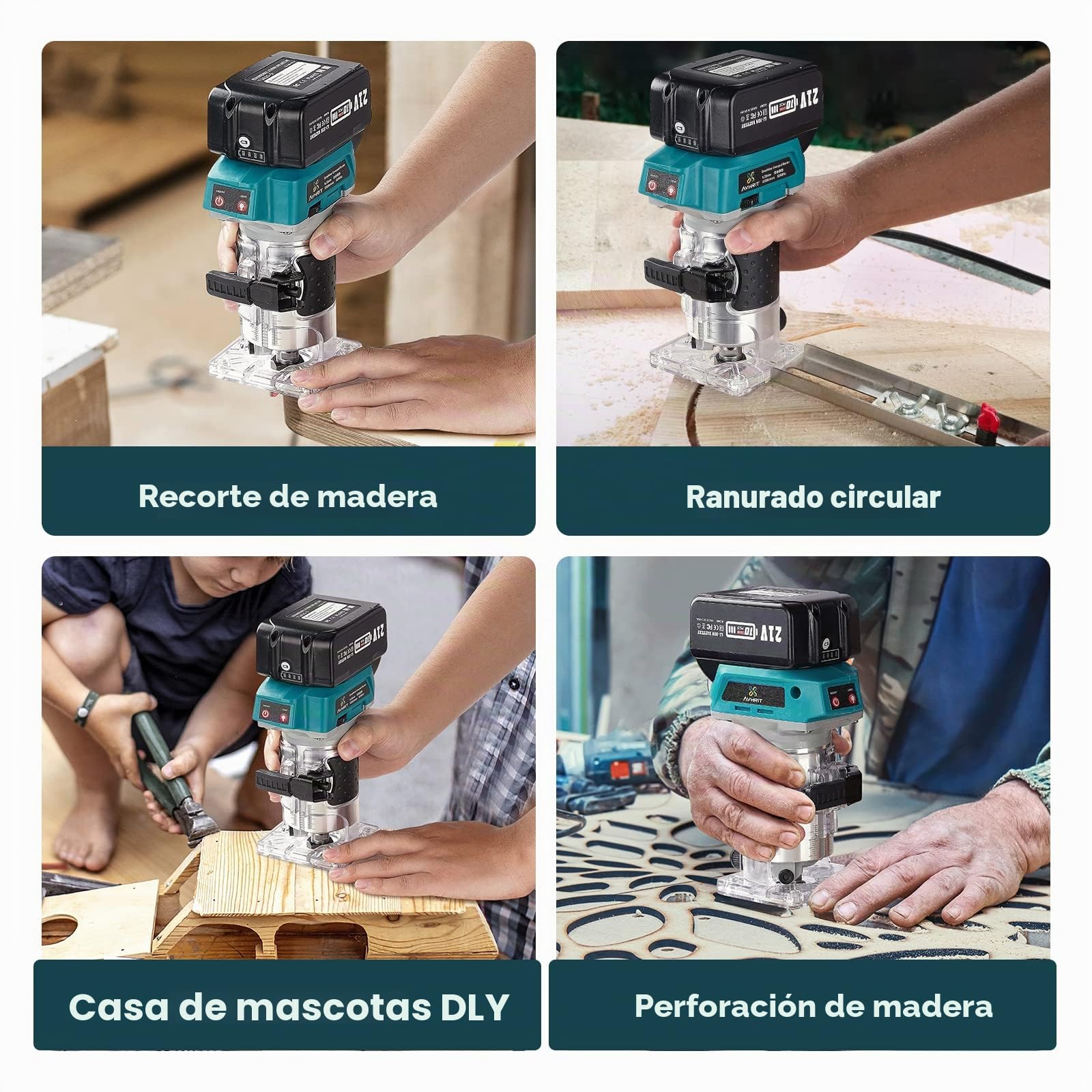 Fresadora Inalámbrica para Madera 21V, Fresadora de Madera Compacta con 2 Baterías 4.0Ah, 6 Velocidades, 33.000RPM, 15 Mandriles Collets 1/4" resadora Madera para carpintería