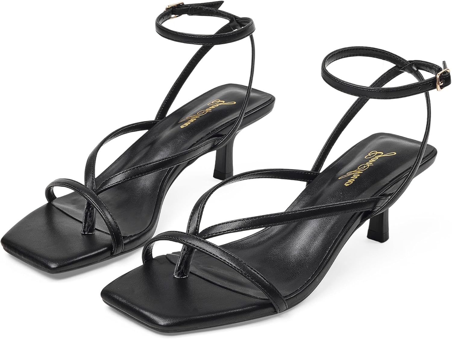 GENSHUO Women’s Strappy Kitten Heels Open Square Toe Low Heel Sandals, Thong Ankle Strap Dress Shoes for Wedding Party