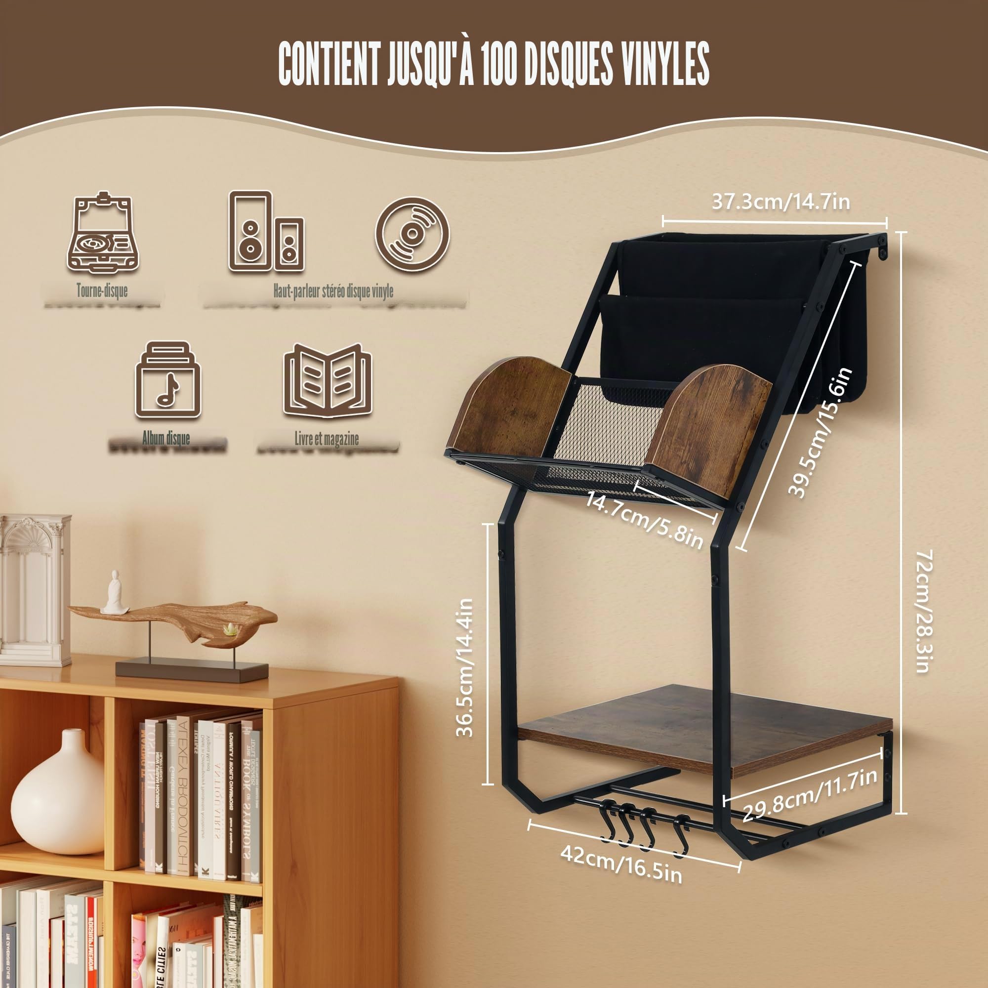 Plateau tournant moderne du milieu du siècle avec rangement en vinyle, support de tourne-disque, étagère de table pour albums, noir