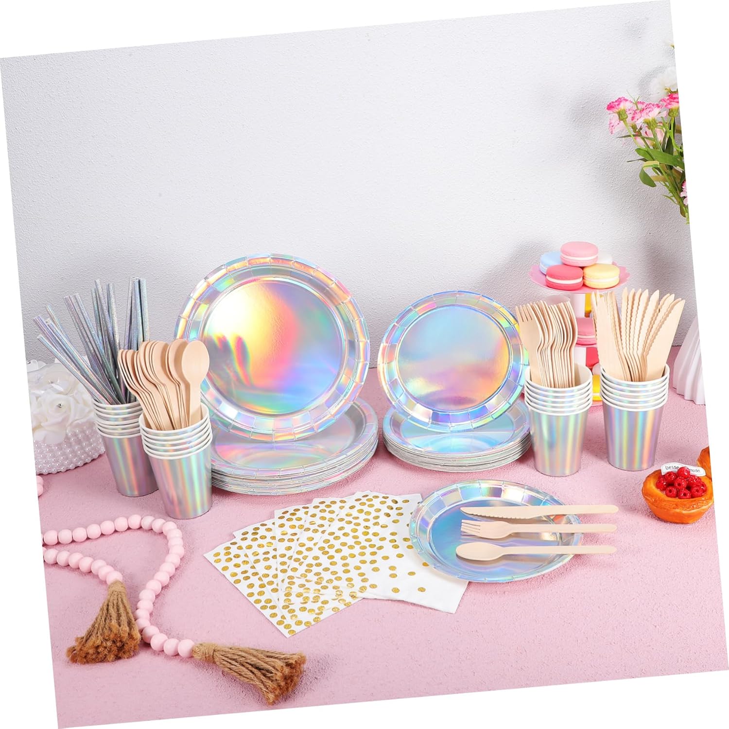25sets Birthday Party Supplies Rainbow Decorations Iridescent Napkins Plates Neon Tableware for Gatherings