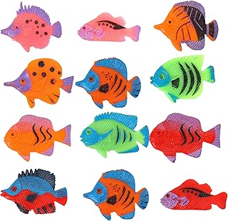 Molain Tropical Fish Toys, 12 Pieces Mini Tropical Fish Party Favors Plastic Fish Toys for Boys, Girls, Kids, Multicoloured, 2 x 1.5 in/3.8 x 5 cm