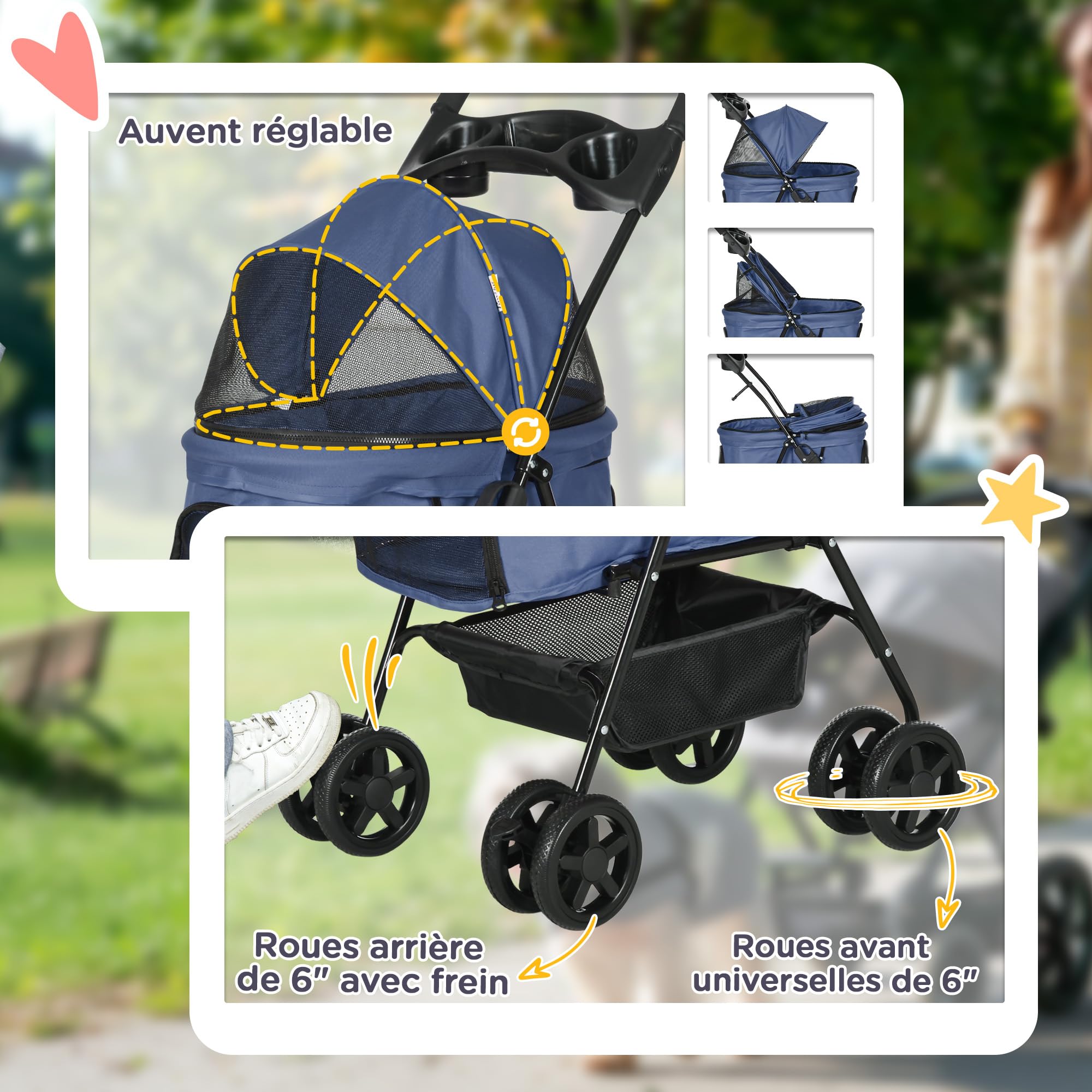 PawHut Passeggino pieghevole per cani e gatti con cestino, 4 ruote, Blu | Portabicchieri, tessuto Oxford 300D impermeabile