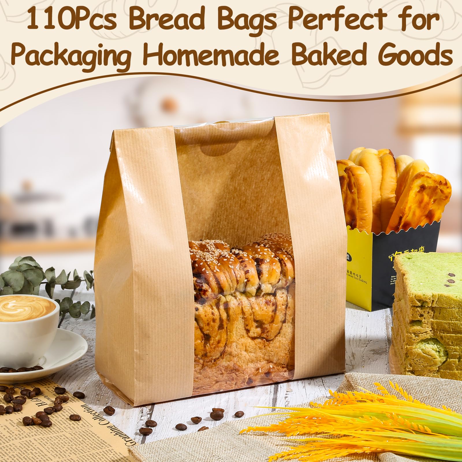 110 bolsas de pan para pan casero con masa madre de ventana, 35 x 21 x 9 cm, bolsas de papel Sublaga con 120 calcomanías de sellado, embalaje y almacenamiento de productos horneados adecuadas para