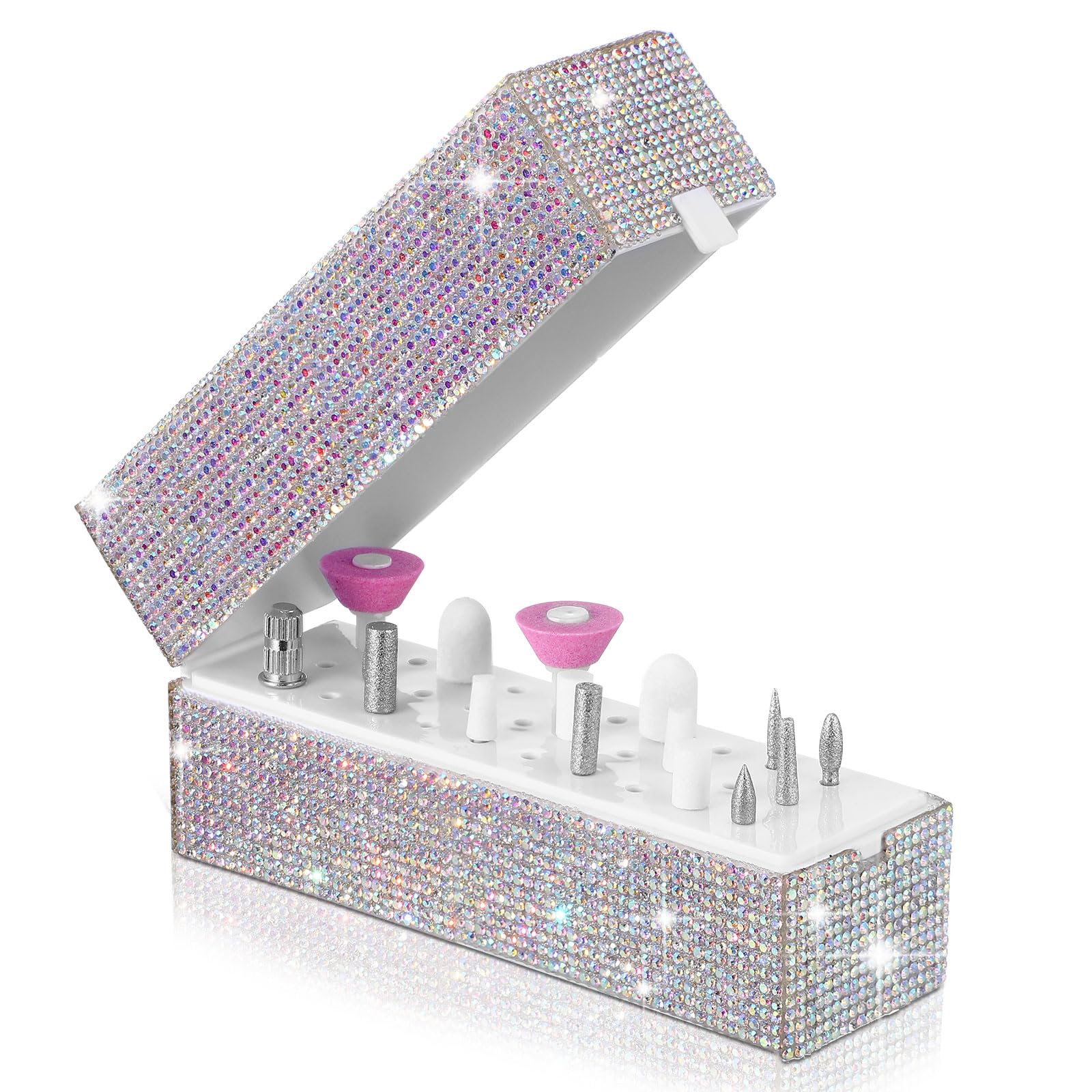 Colingmill Nail Drill Bits Holder Box 30 Holes Rhinestone Drill Bit Organizer Efile Nail Tech Bits Storage Dustproof Stand Displayer Container for