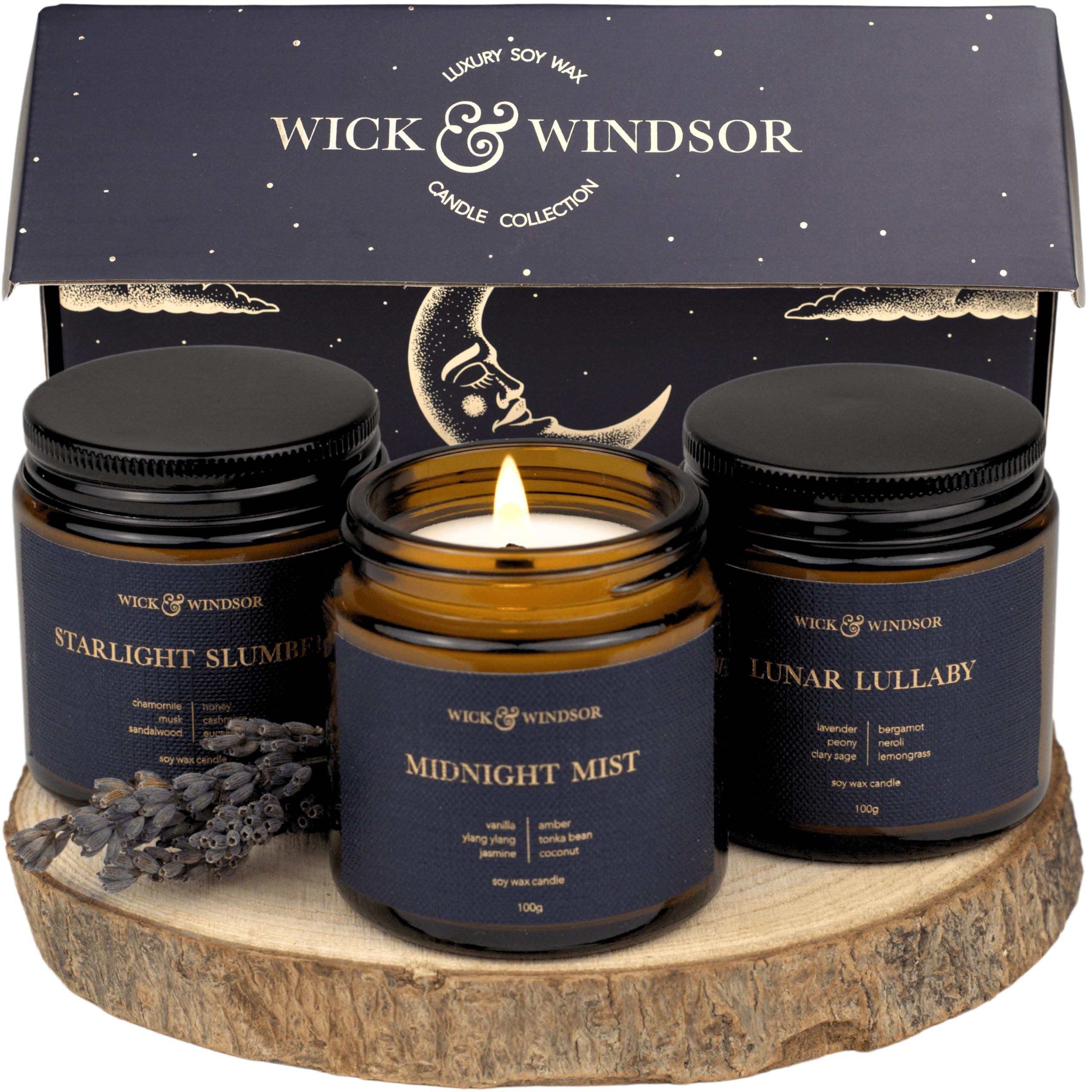 Wick & Windsor Scented Candles Gift Set – Christmas Gifts, Birthday Candles Gifts for Women, Soy Wax with Crackling Wooden Wicks – Perfect Gifts for Her, Aromatherapy Candle Set - Midnight Collection