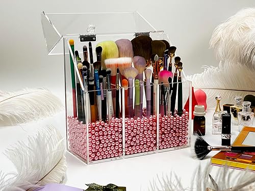 Miniatura 4 de VASERDDY Organizador de maquillaje acrílico, caja de almacenamiento transparente para brochas de cosméticos con 3 soportes para pinceles, soporte