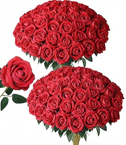 50 rosas artificiales, ramo de rosas rojas falsas, rosas rojas de seda artificial con tallos para decoración de flores de boda, día de San Valentín,