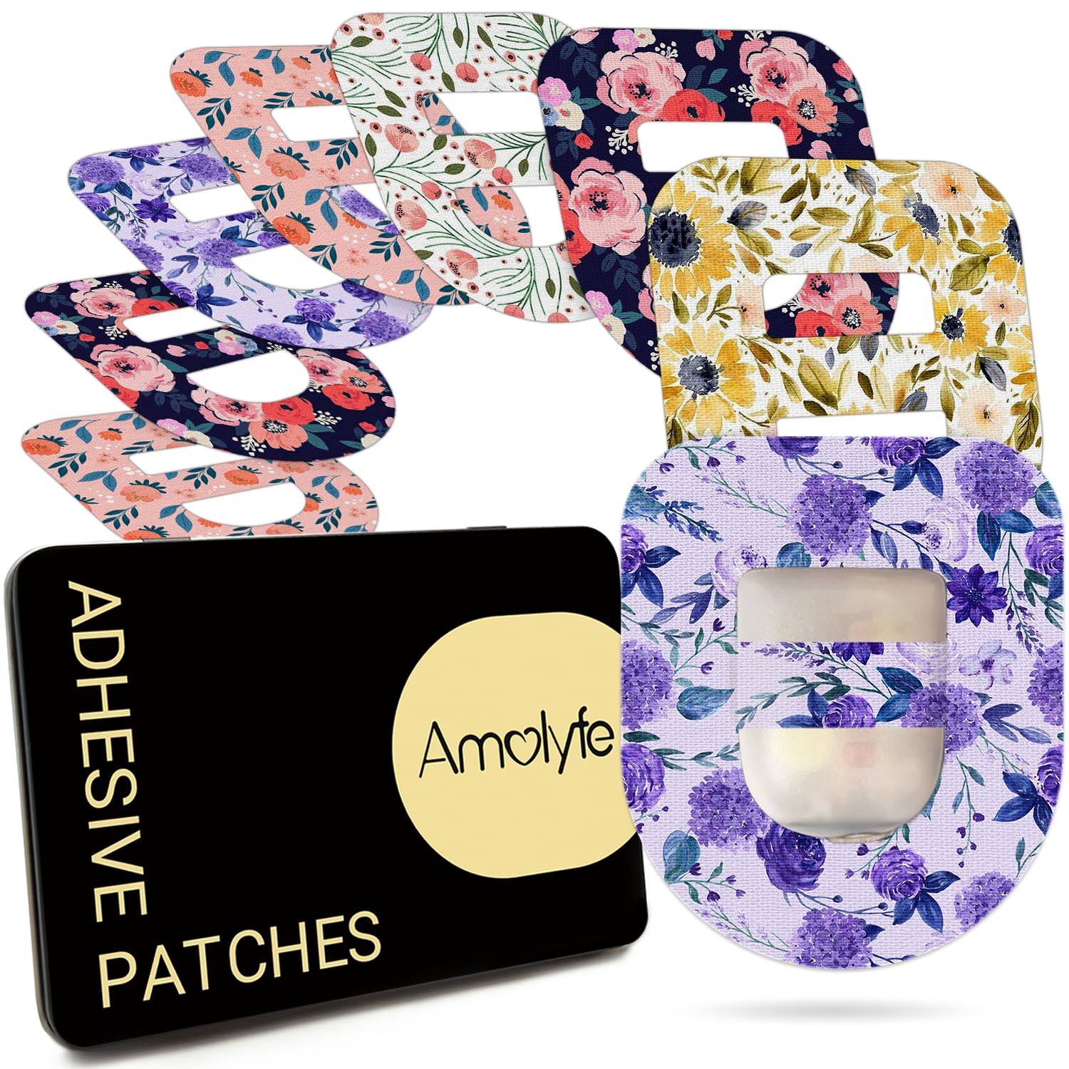 Omnipod 5 Adhesive Patches Waterproof, Amolyfe 20 Pack Flower Omnipod Overpatches with Stretchable Strap, Breathable Long-Lasting Medical Adhesive, Premium Hinged Tin (P.Flower)