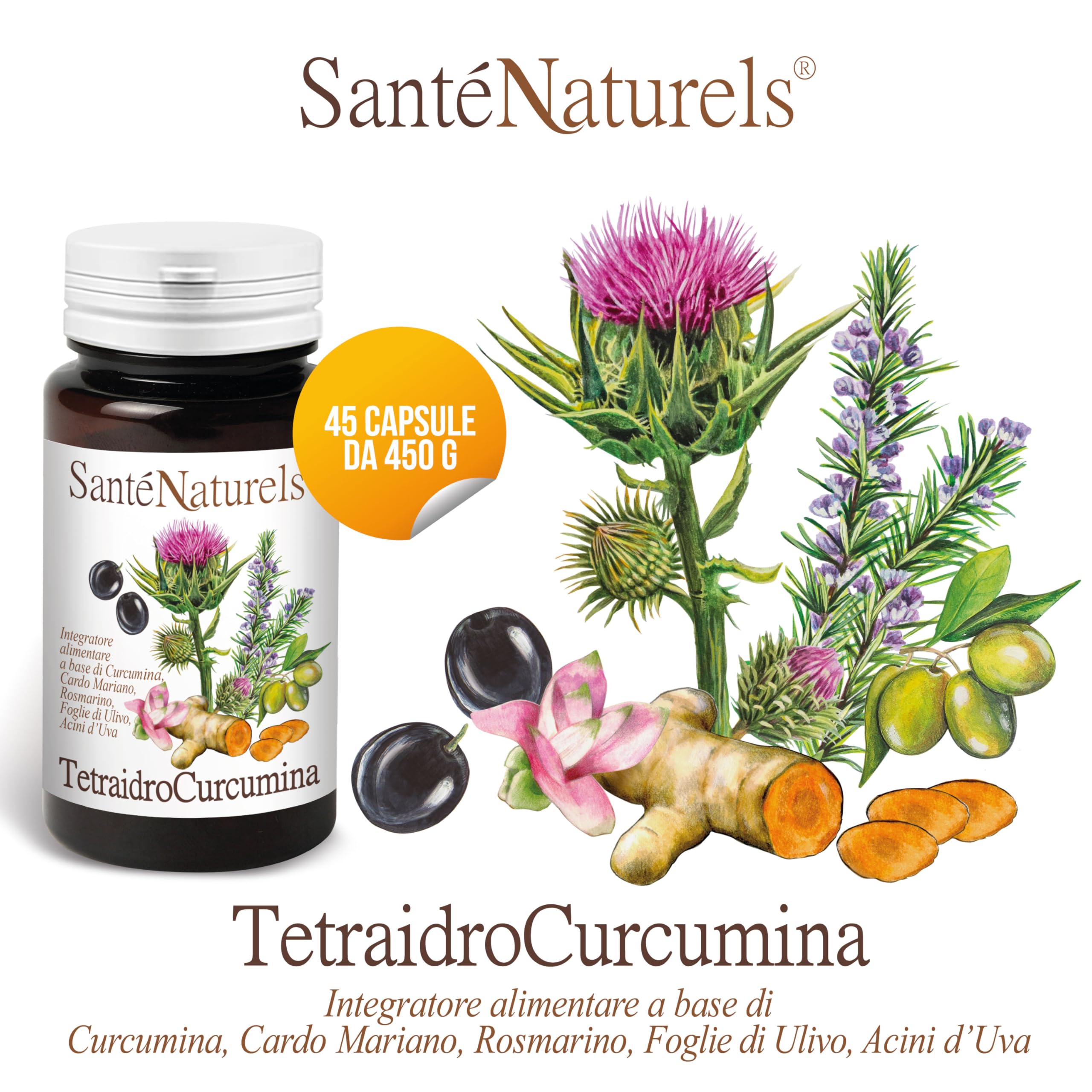 TetraIdroCurcumina ● 45 Capsule Vegetali da 450 mg ● L'Evoluzione della Curcumina ● Altissimo Assorbimento ● Integrata con altri estratti di erbe medicali per una azione sinergica.