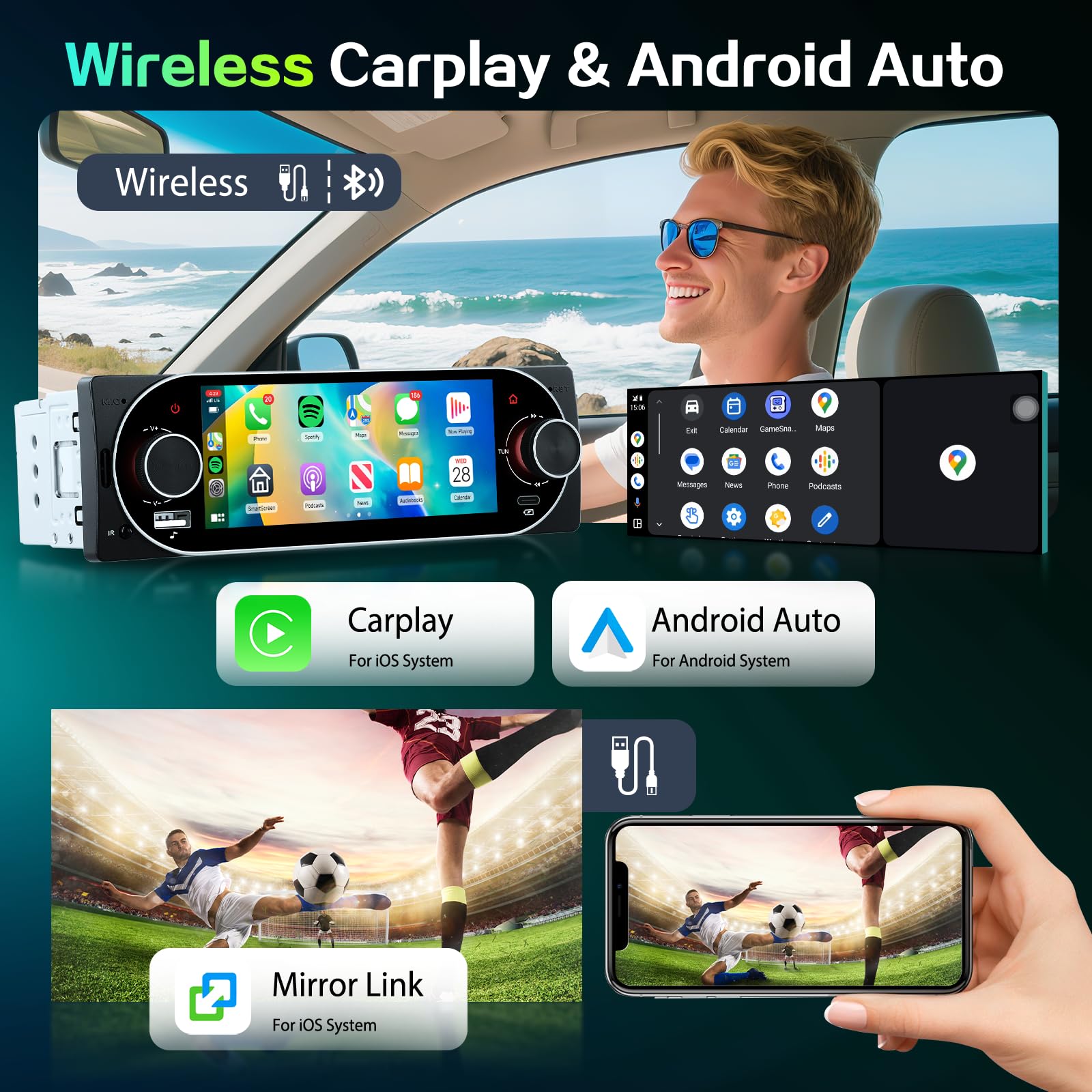 Hodozzy 1 Din Autoradio avec CarPlay/Android Auto sans Fil, Poste Radio Voiture Bluetooth Mains Libres 6,86 Pouces IPS Tactile écran Single DIN MirrorLink FM/EQ/AUX/USB/SWC/Type-C avec Caméra