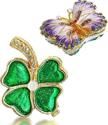 YU FENG Caja de baratijas de mariposa con bisutería y trébol de cuatro hojas, cajas de baratijas con bisagras esmaltadas esmaltadas decorativas para