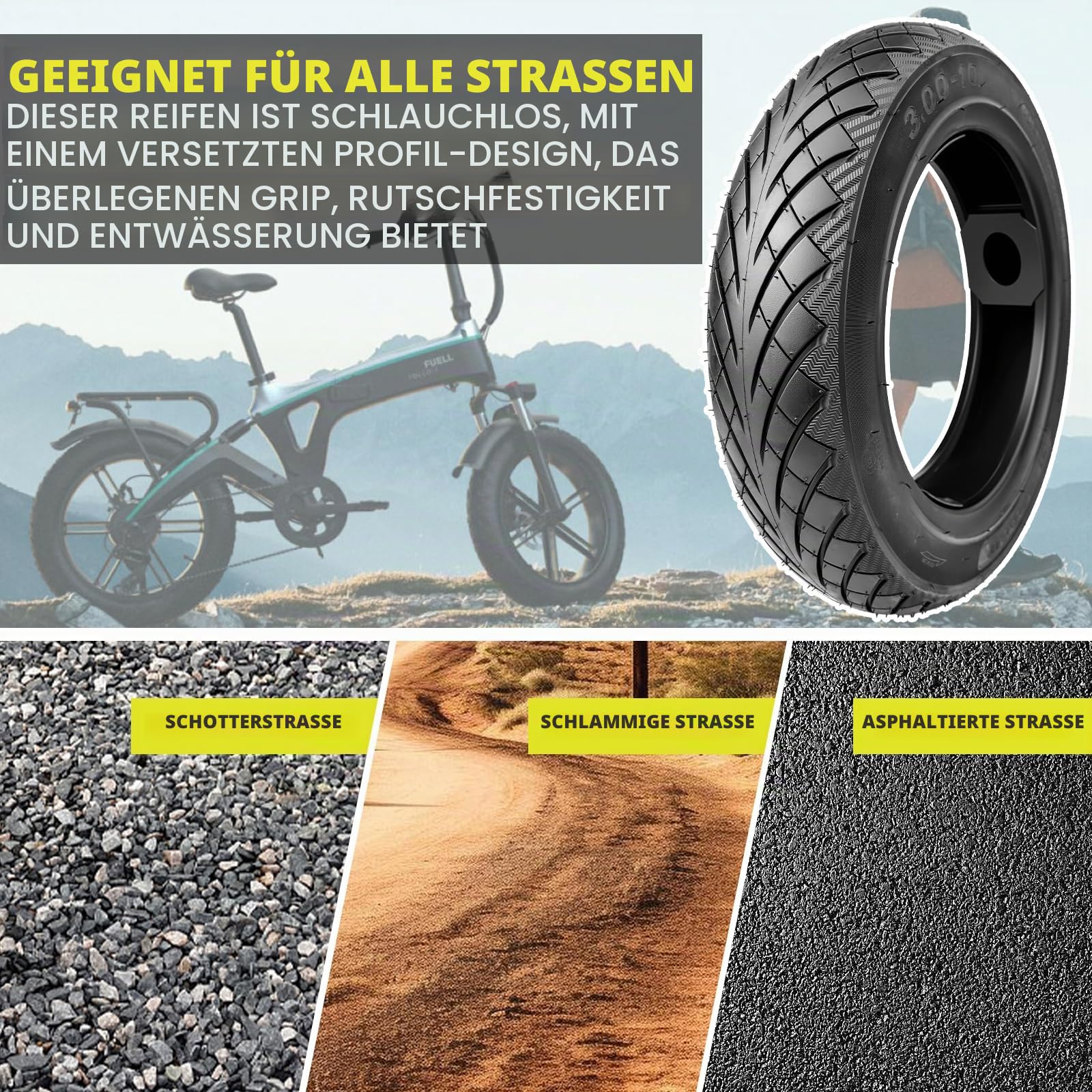 MEGHNA 3.00-10 Tubeless Reifen für E-Bike/Elektroroller & City Roller | TL Reifen 10 Zoll | 2.15x10 Felgen | Straßengriff & Langlebigkeit (2XReifen)