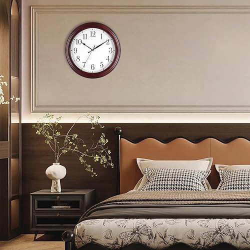 Miniatura 4 de Reloj de pared de madera redondo de 14 pulgadas, funciona con pilas, sin tictac, analógico, rústico, para cocina, sala de estar, dormitorio