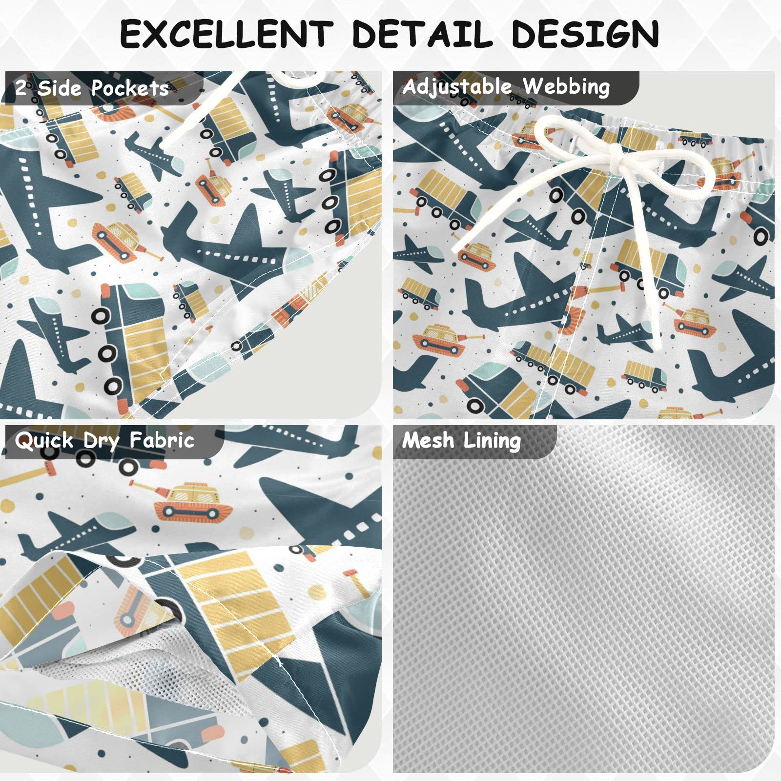 Dussdil Airplane Truck Boy's Swim Trunks Kids Toddler Swim Board Shorts Bathing Suits for Teens Swimwear Swimsuit 2T