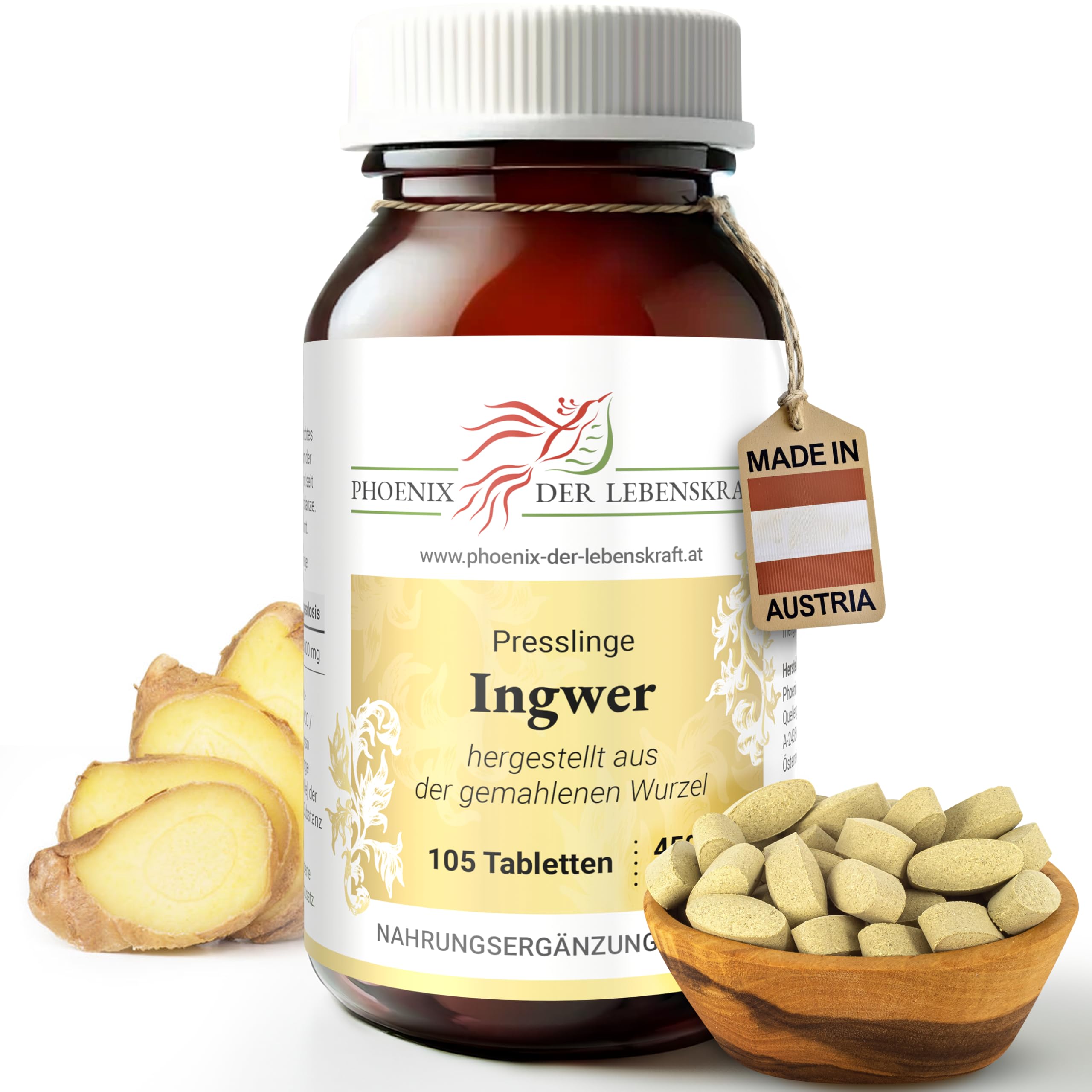 Ingwer Tabletten 450 mg | 105 Tabletten Zingiber officinale | Qualität aus Österreich | Presslinge aus gemahlener Ingwerwurzel | Tabletten statt Kapseln | Ginger, Sheng Jiang, Adrak, Gingembre