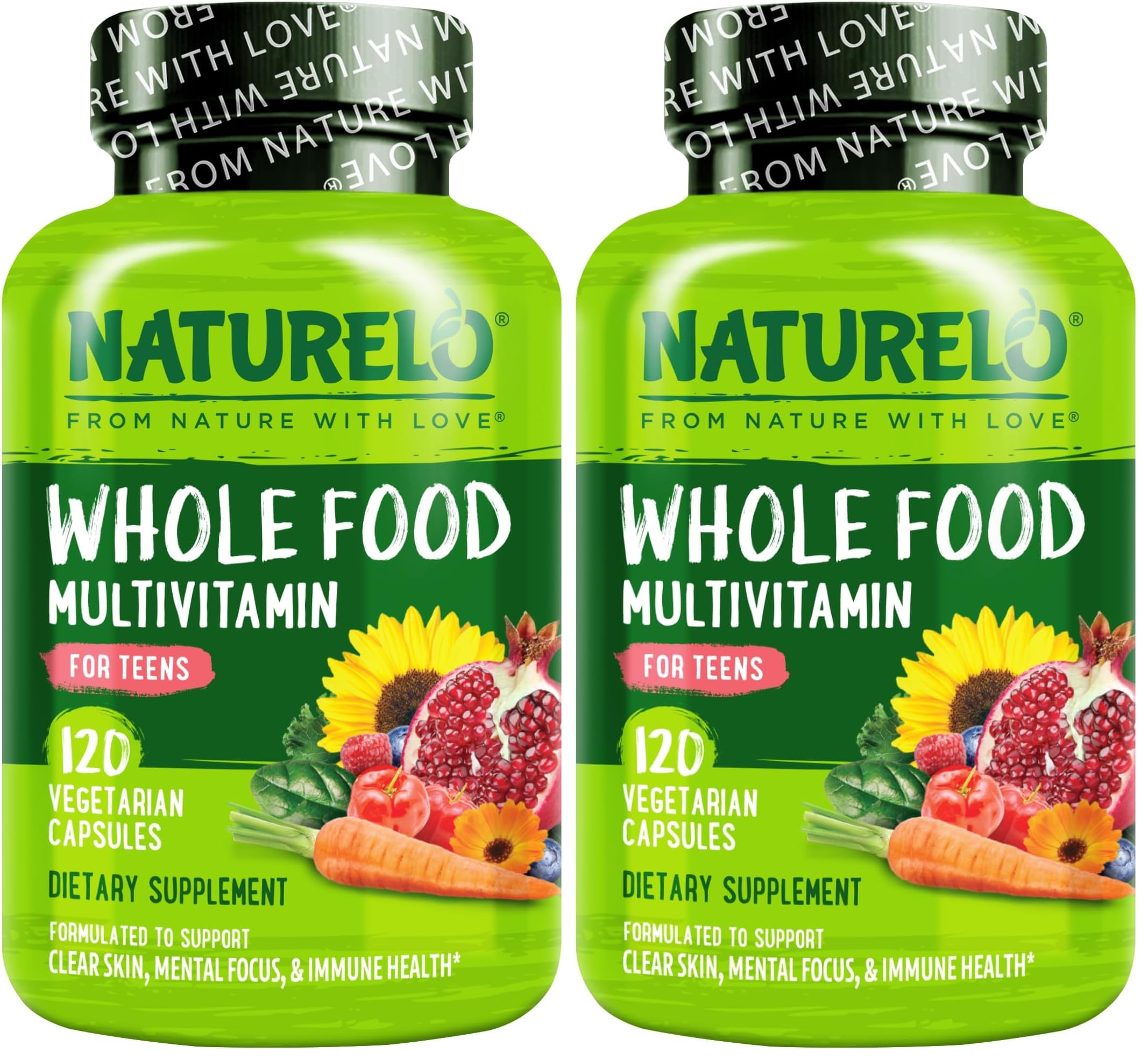 NATURELO Multivitamins for Teenage Girls/Boys, 120 Capsules, Whole Food Multivitamin with Minerals, Non-GMO, Vegetarian (Pack of 2) 120 Count (Pack of 2)