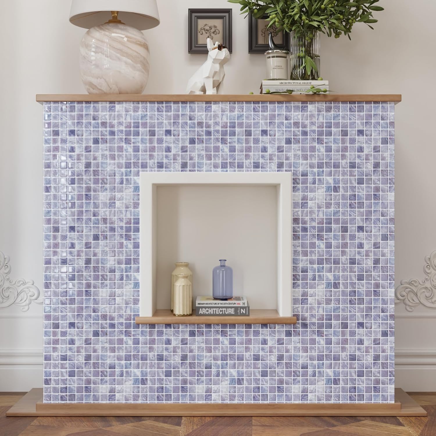 CRE8TIVE 4 Sheets Small Square Peel and Stick Backsplash Mother of Pearl Mosaic Tiles Stick on Backsplash for Kitchen Wall Purple Shell Tile Peel and Stick Waterproof for Bathroom Shower Walls 12"x12"