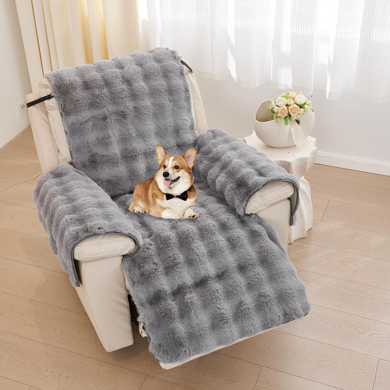 Sofabezug aus Kunstfell, Flauschiger Relaxsesselbezug, Hunde-geeignet, waschbar, rutschfest, Haustier-Plüsch, 1-Sitzer mit elastischen Gurten, cremeweiß