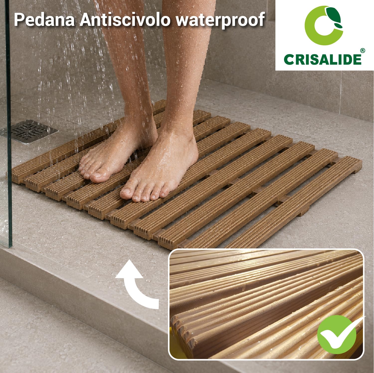 Crisalide® - Pedana Doccia in Legno di Pino Naturale 57x57 cm, Pedana Antiscivolo Waterproof con Doghe Drenanti, Piedini di Appoggio, Tappeto Doccia in Legno per Bagno e Piatto Doccia