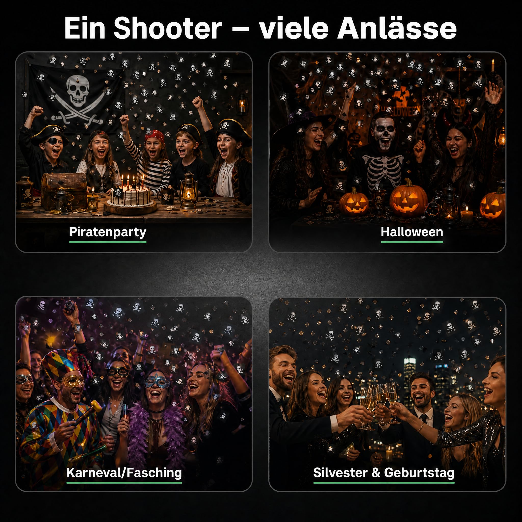 Pyroland 6 Stück Konfettikanone Skullrich 80 cm, schwarzes Konfetti mit Piratenflagge, lustiger Party Popper für Halloween, Mottoparty und Geburtstag