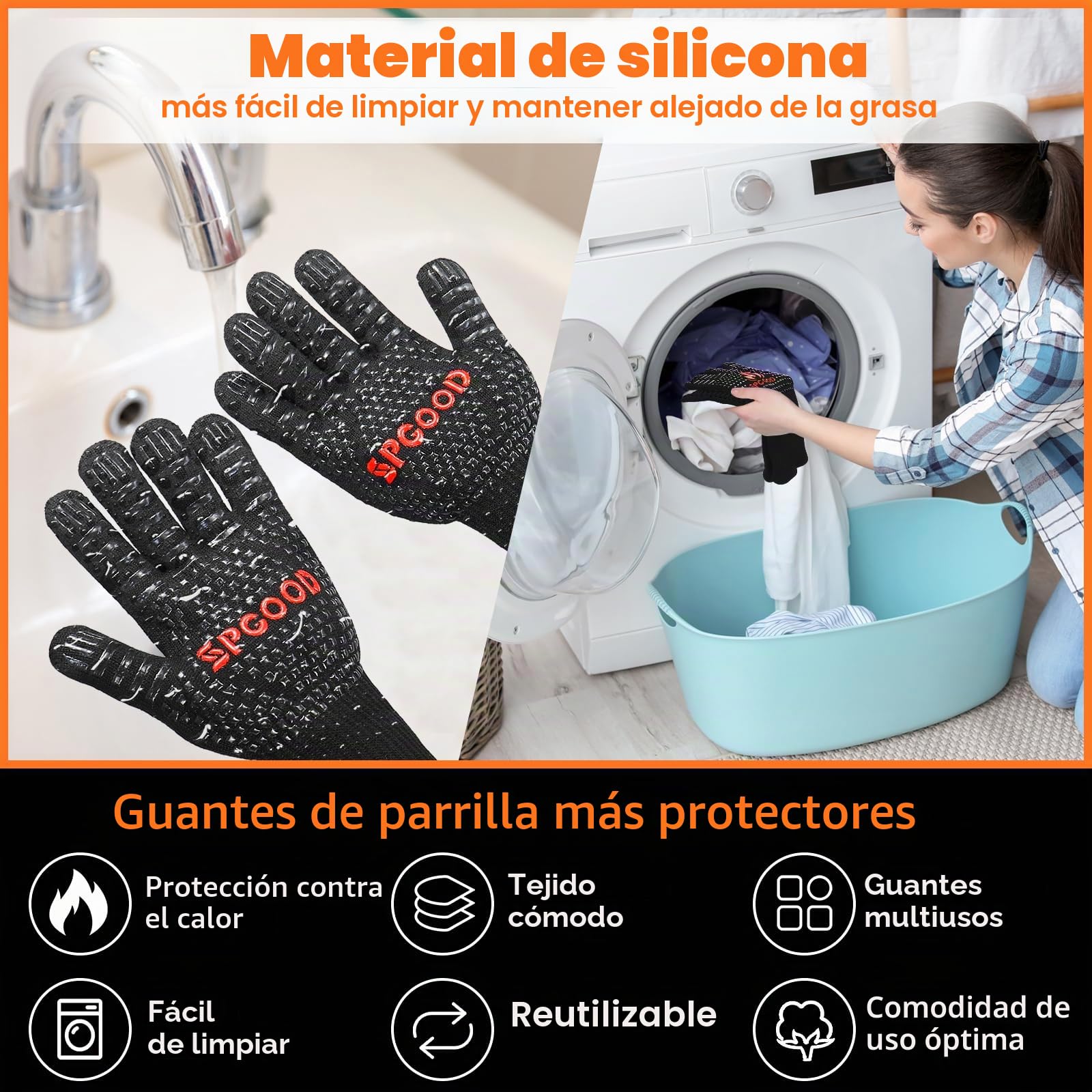 SPGOOD Guantes Barbacoa Guantes Horno Altas temperaturas Largos, BBQ Guantes Resistentes al Calor hasta 800℃ para Cocina, Parrilla, Hornear, Microondas, Chimenea Negro（L/XXL）