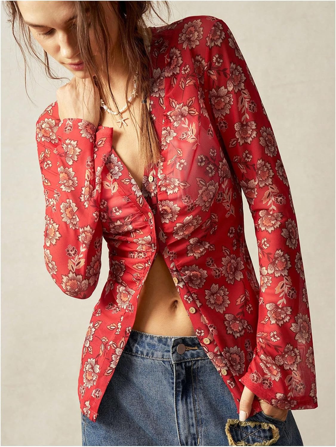 SOLY HUX Women's Long Sleeve Shirts Boho Floral Print Blouses Button Down V Neck Fitted Tops - Image 4