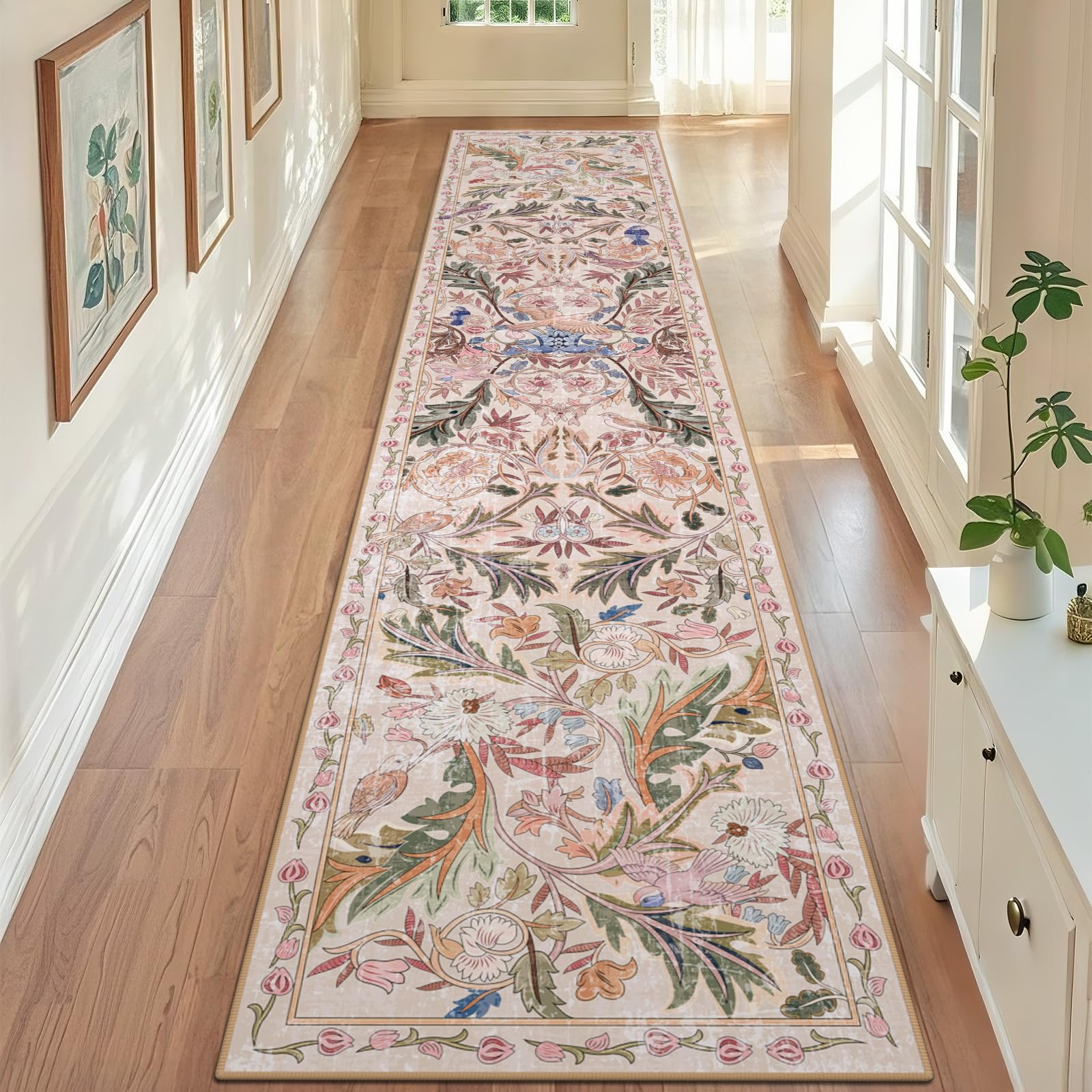 TUKDAK Pink Runner Rugs for Hallway 60×300cm, Birds Kitchen Carpet Runner with Non-Slip Rubber Backing, Washable Long Hall Carpet Floor Mat for Entryway Bedroom Laundry Living Room Non Shedding
