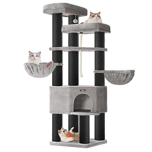 Feandrea Kratzbaum groß, mehrstöckiger Katzenbaum, XXL, 55 x 55 x 186,7 cm, 11 cm d Dicke Sisalstämme, für große Katzen wie Maine-Coon-Katze, Katzenkratzbaum, Taubengrau-tintenschwarz PCT008G02