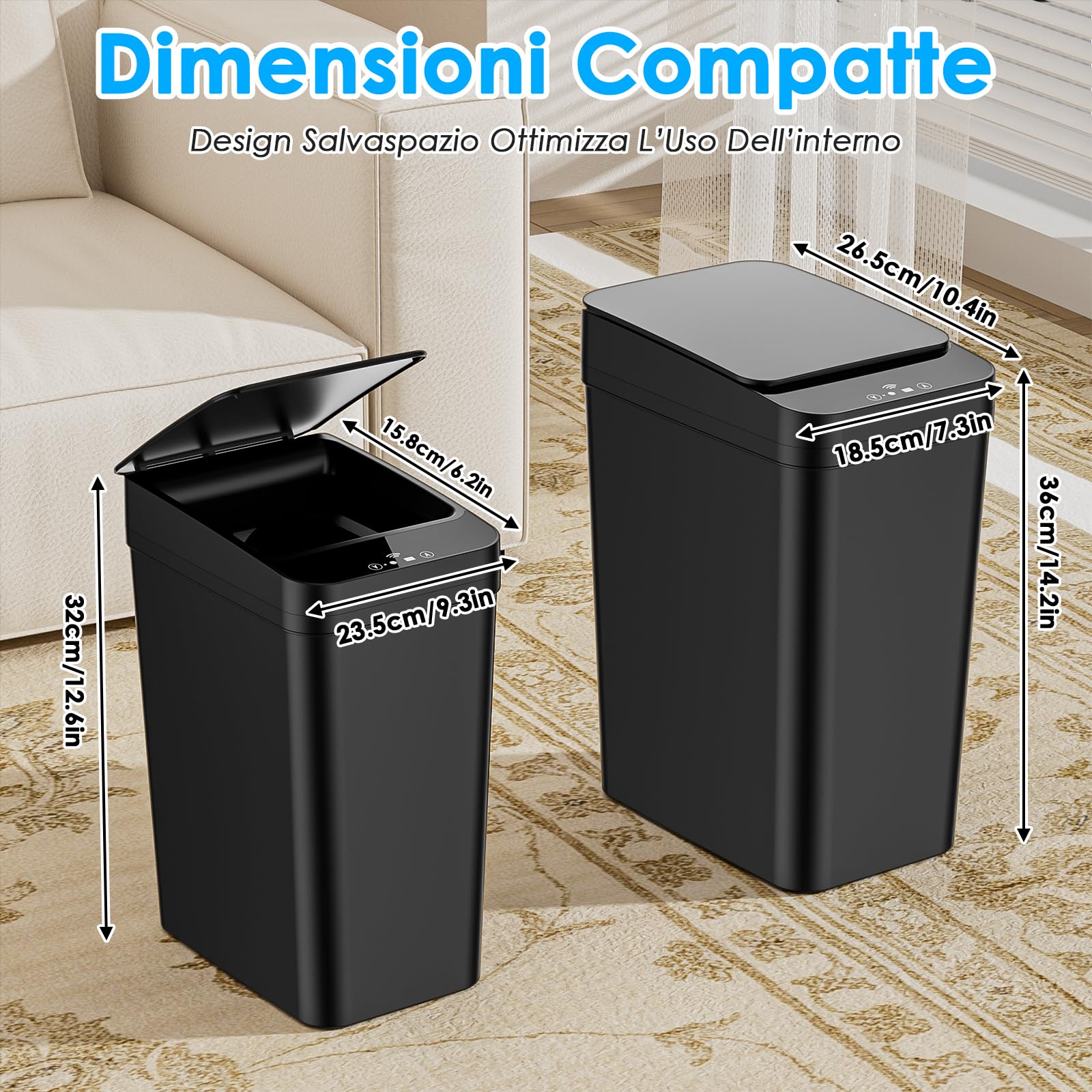 2 Cestino Bagno Pattumiera, Cestino Spazzatura Bagno Piccola da 15L & 12 litri, 3 Modalità di Funzionamento, Cestino Intelligente Silenzioso e Impermeabile, per Cucina, Ufficio, Soggiorno
