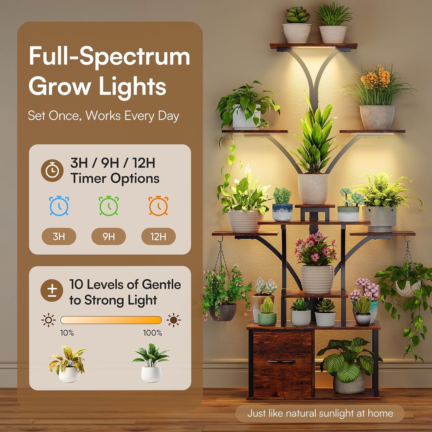 63" Plant Stand Indoor with Grow Lights, 10 Tiered Plant Shelf with Drawer, Corner Plant Stands for Indoor Plants, Metal Plant Flower Display Shelf, Tree-Shaped Plant Rack for Home, Black (1, Black)