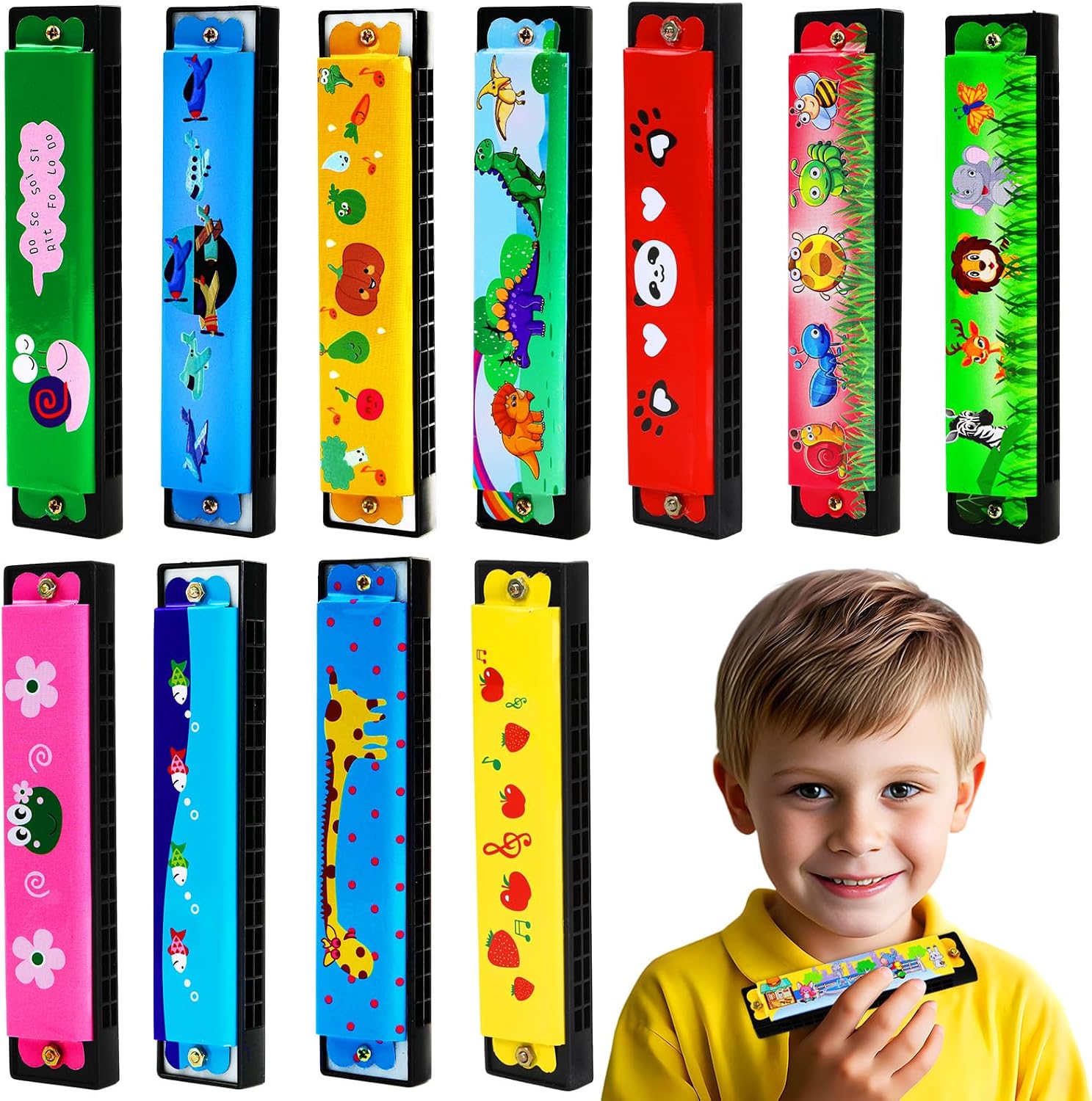 UPINS 10Pcs Harmonica,16 Holes Cartoon Harmonica Musical Instrument,Beginners for Musical Party for Music Class(10 Styles)