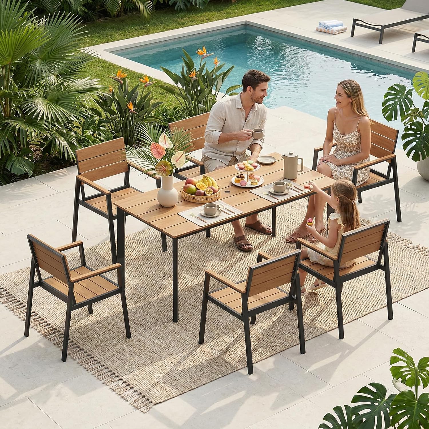 Aluminum Outdoor Dining Set for 6, Patio Table and Chairs Set with Umbrella Hole, 7 Piece HDPS Outdoor Furniture Set for Patio, Garden (Gray & Teak)