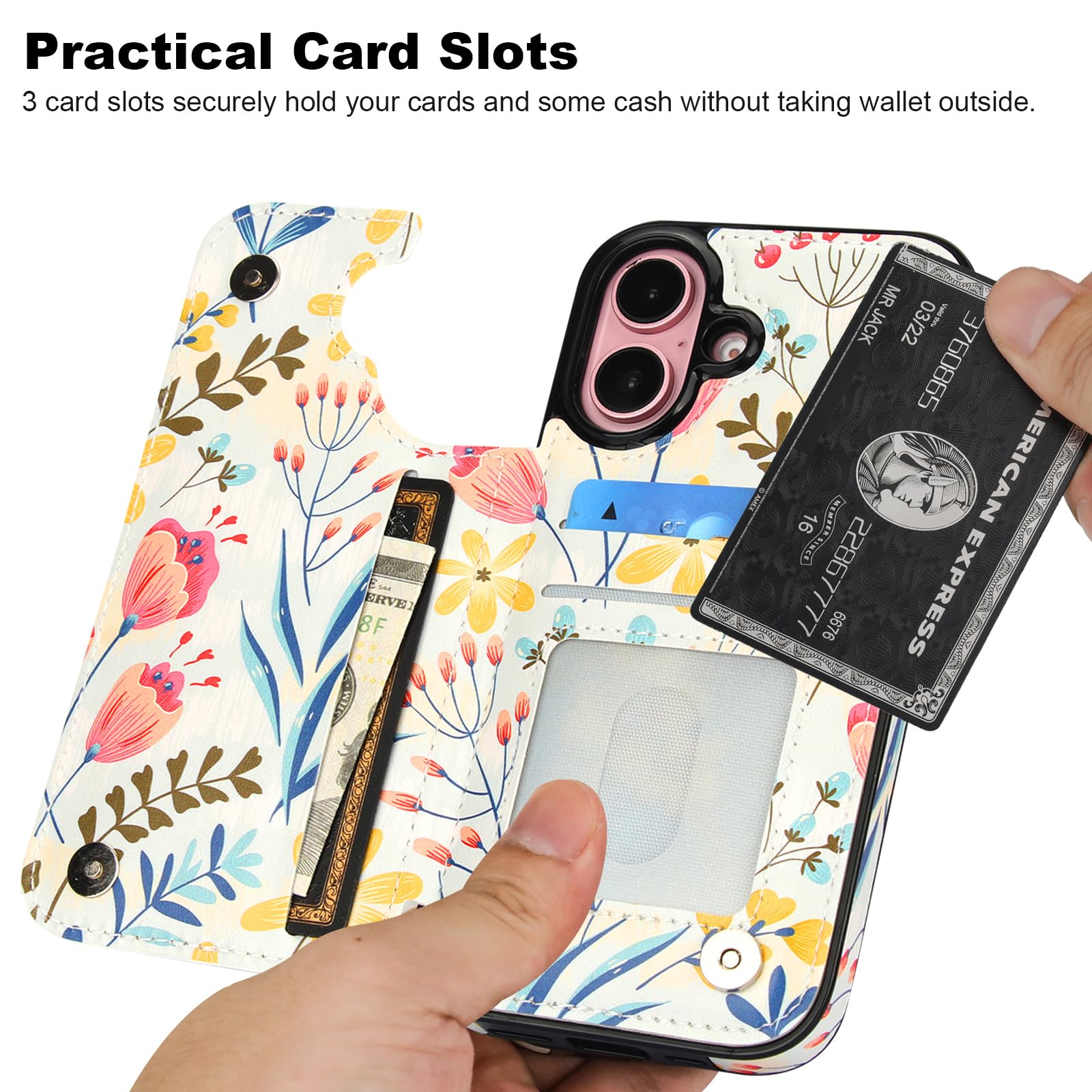 HAOPINSH Brieftaschen-Hülle Für IPhone 16 Plus – Mit Blumenmuster, Kartenfächern, Ständer & RFID-Schutz