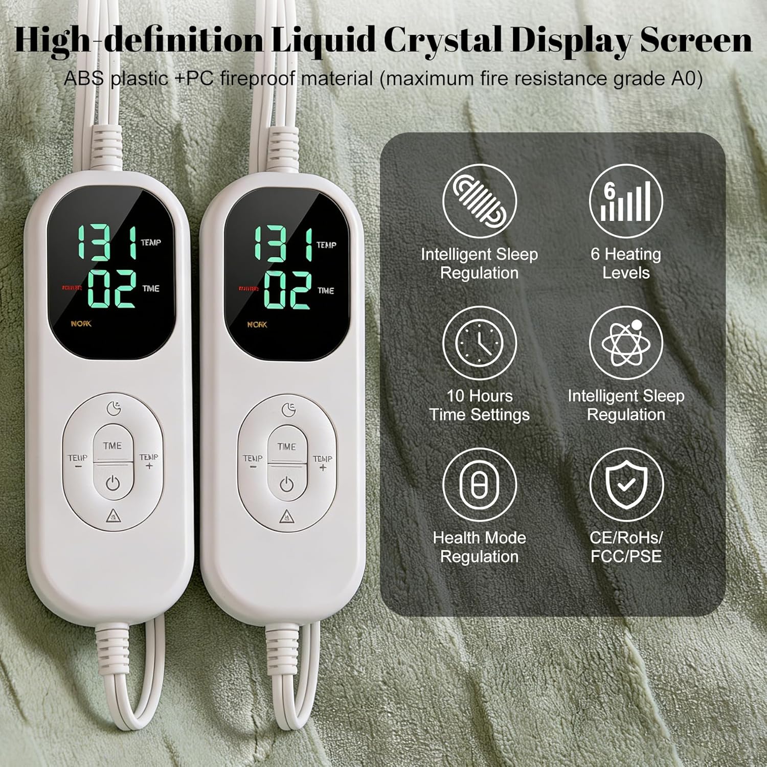 IUUI Heated Blanket Electric Queen Checkered- 84x90 Inches Soft Flannel Heating Blanket,Fast Heating Blanket 6 Heating Levels & 2 Hours Auto Off ETL Certification (Sage Green, Queen 84" x 90") - Image 4