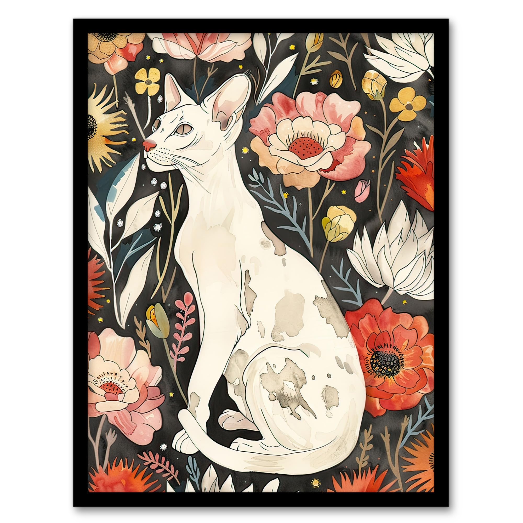 Artery8 Cat Lover Oriental Shorthair Floral Pet Portrait Living Room Artwork Framed Wall Art Print A4