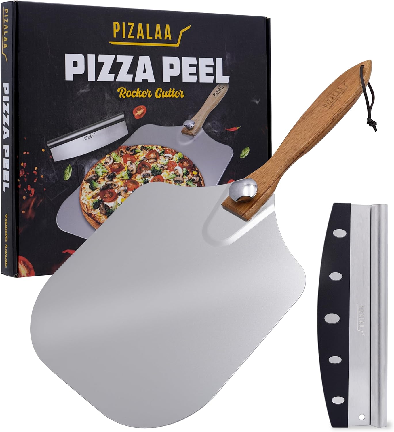 Pizza Peel (12″ x 14″) Inch with Pizza Cutter Rocker Blade – Aluminium Pizza Paddle with Foldable Wooden Handle for Easy Storage Pizza Peel (12″ x 14″) Inch with Pizza Cutter Rocker Blade – Aluminium Pizza Paddle with Foldable Wooden Handle for Easy Storage