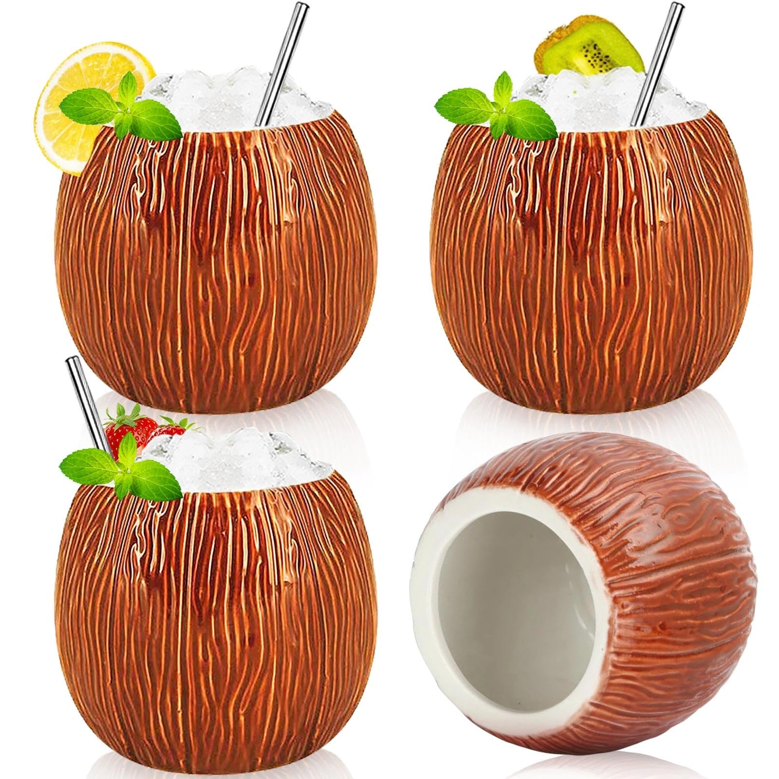 Ceramic Mug Coconut Tiki Mug Set of 4 - Cocktail Glfor Gifts Cups and Mugs Collections New Year Decoration Tiki Mug (520ml/17oz) (4)