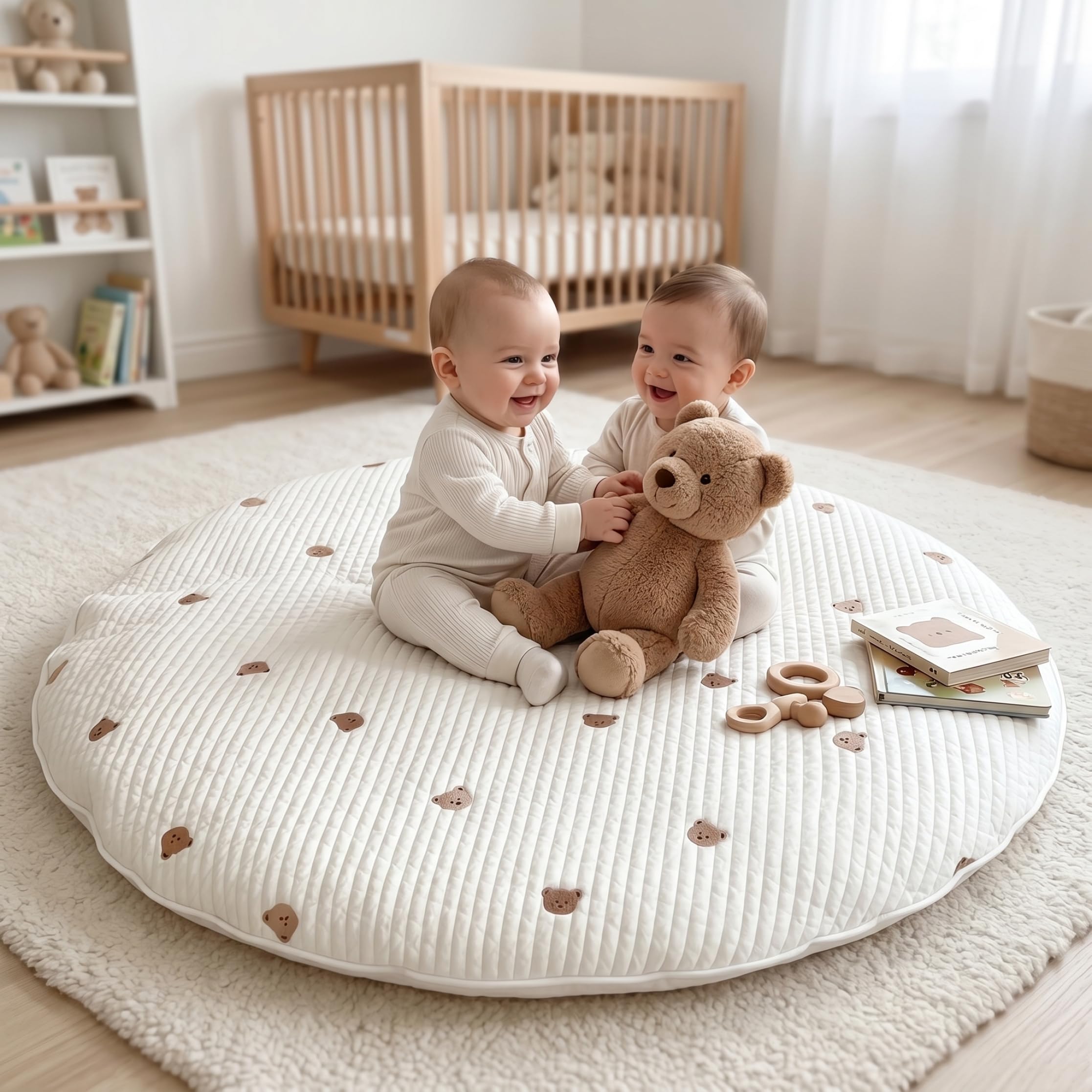 Tapis de Jeu Rond pour bébé pour Sol, Tapis d'éveil en Coton de 33, 5 Pouces, d'activité Amovible et Lavable, Salle Jeux pour Nourrissons, Tout-Petits, Ours