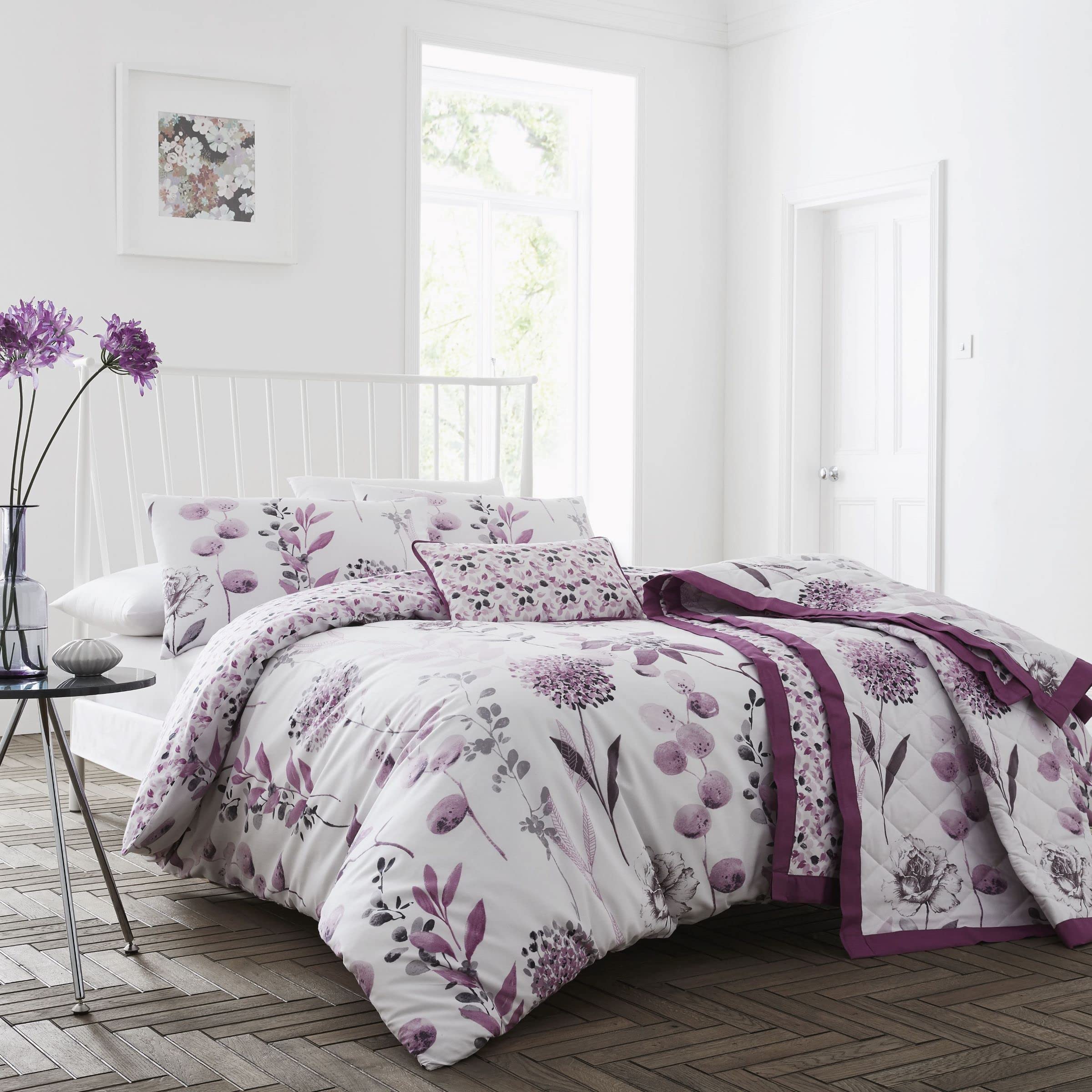Jansons Direct Linens 200 Thread Count Cotton Rich Stunning Floral Design Duvet Cover Set in Mauve Single Bed Size