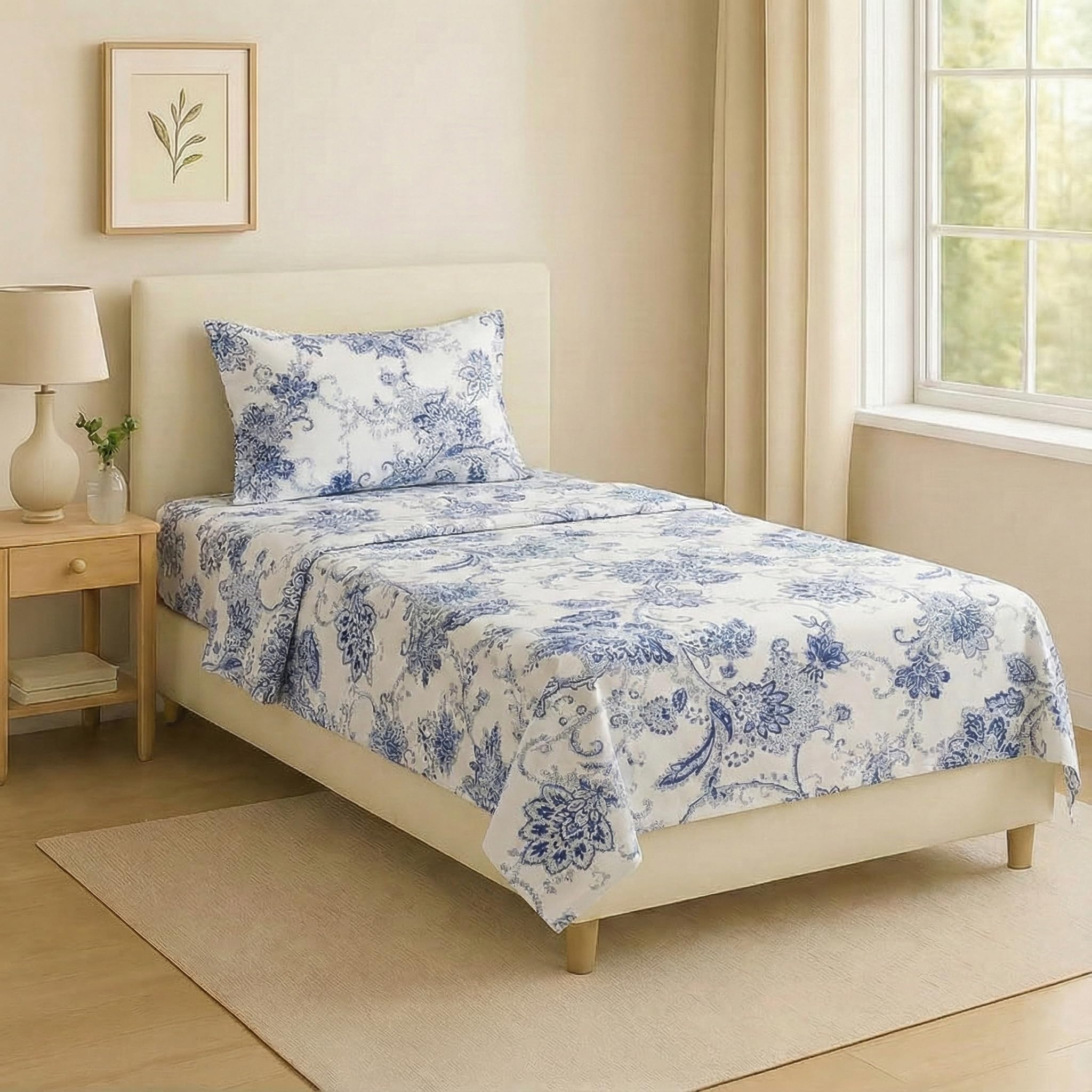 Trance Home Linen Premium 100% Cotton Printed Flat Bedsheet for Single Bed with 1 Pillow Cover - Skin Friendly 180TC (60 x 100 inch, Blue Pathway)-image-25
