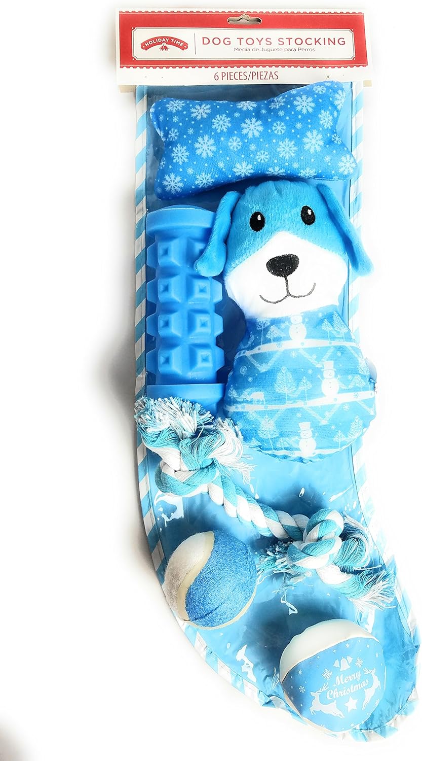 Holiday Time Dog Toys Stocking with Six (6) Blue Pet Toys Including Balls Squeakers and Tug-of-War Rope