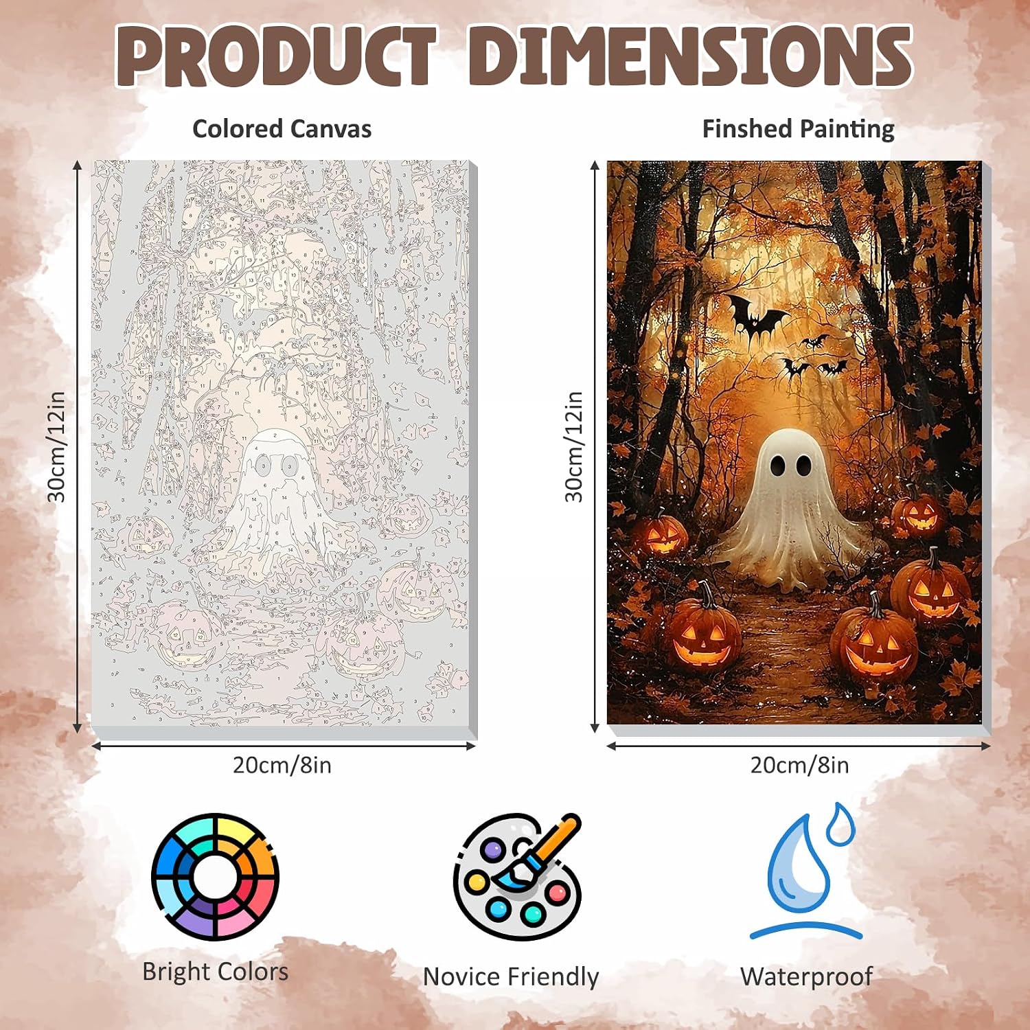 DOMROM Framed Paint by Numbers Kit for Adults Beginners, Halloween Ghost and Pumpkin Paint by Number Kit on Canvas, DIY Oil Painting Kits for Home Wall Decor Gift 8x12in