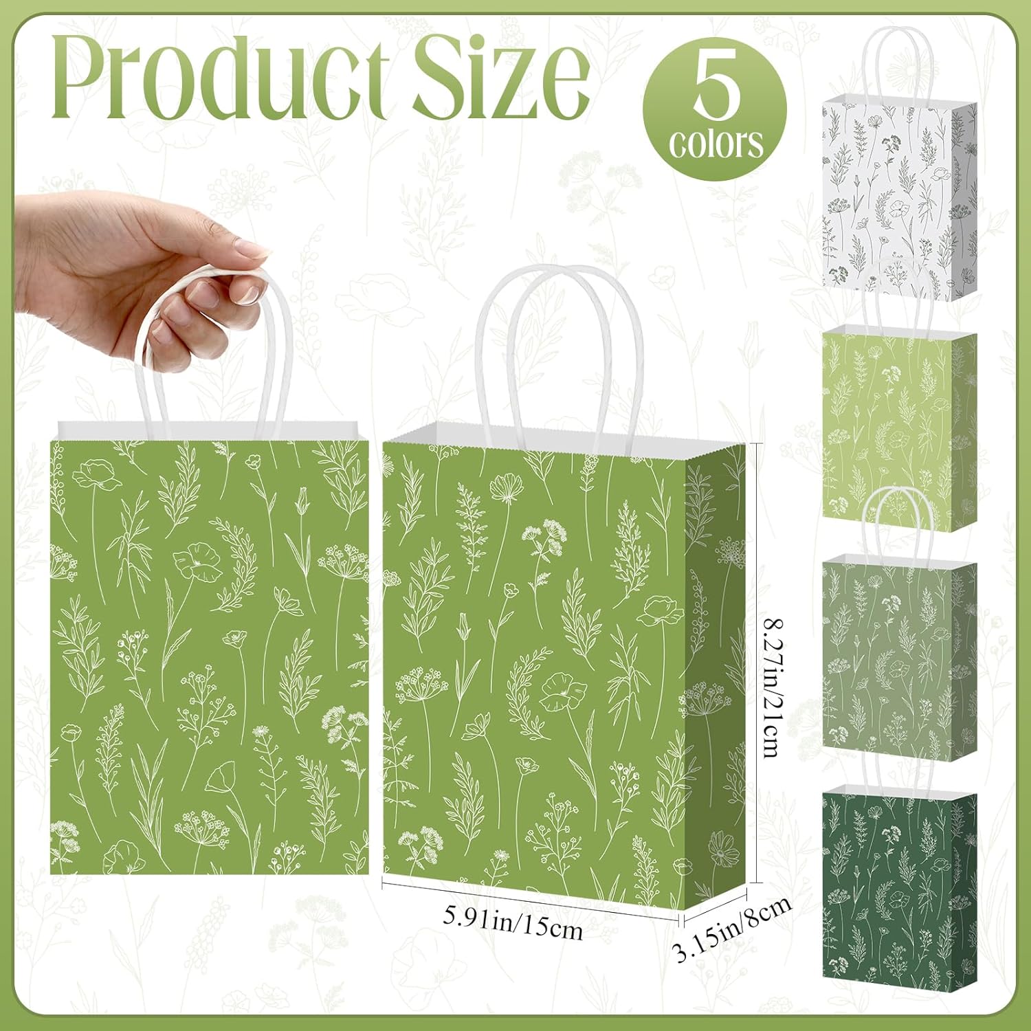 Kolldenn 50 Pcs Sage Green Wildflower Gift Bags with Handles Paper Floral Goodie Welcome Bag for Wedding Guest Baby Shower Bridal Birthday Party Favor, 5.91 x 3.15 x 8.27 Inches - Image 3