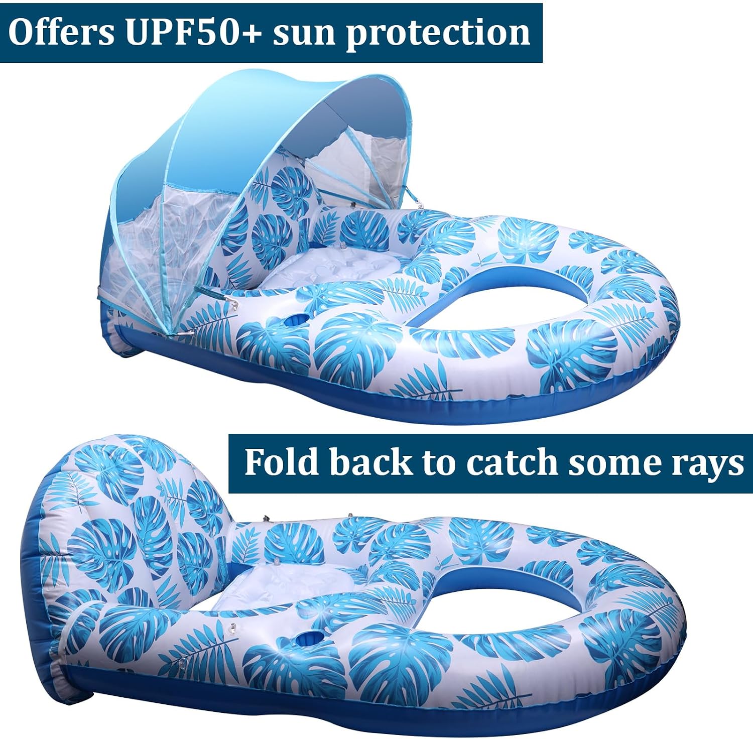 Pool Lounge Float with Canopy UPF50+, Heavy Duty Inflatable Lounger Float for Adults, Ergonomic Swimming Pool Raft with Backrest, Cup & Phone Holder, 300 Lbs Capacity