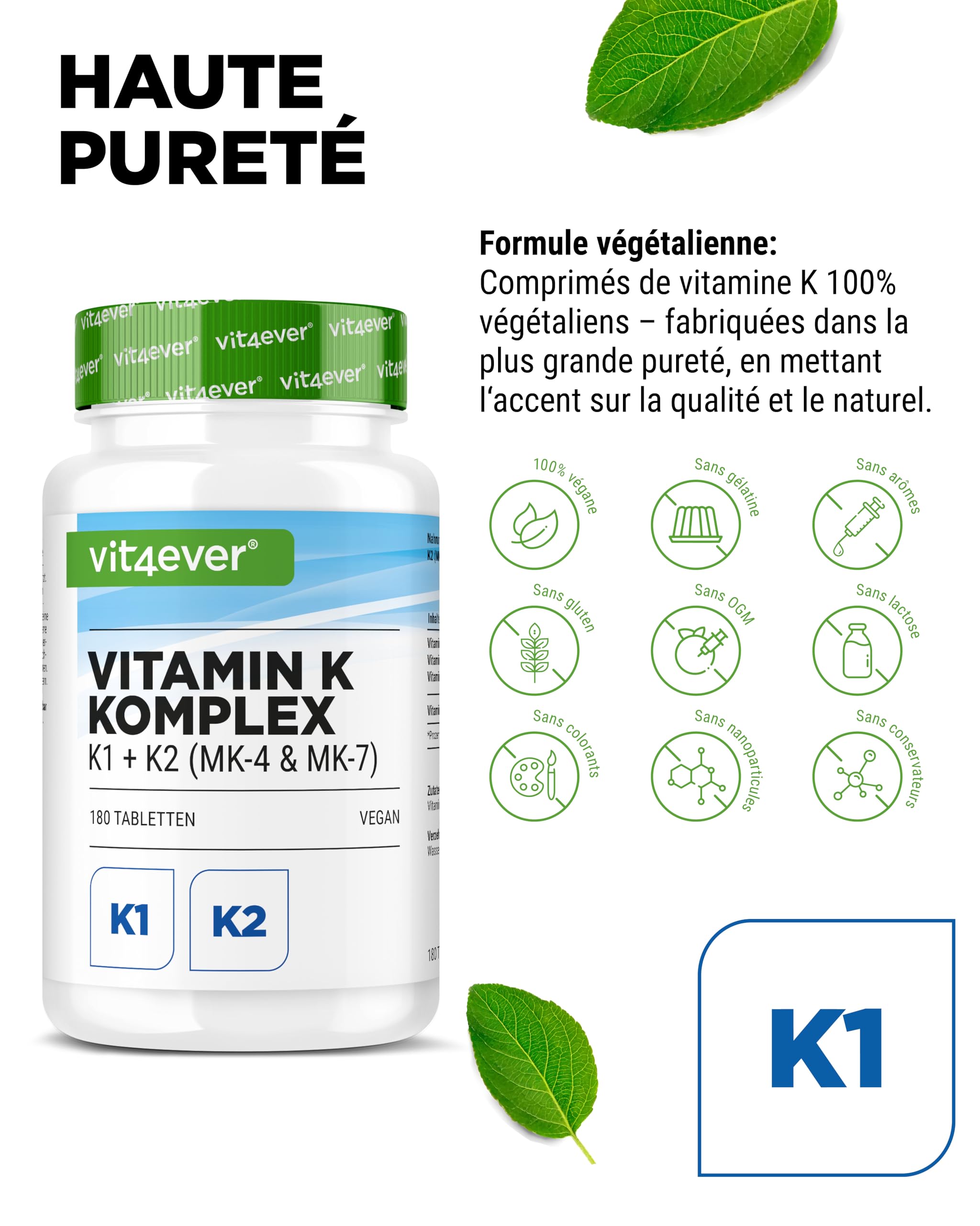 Complexe Vitamine K - 180 Comprimés - Hautement Dosé avec 1 000 µg de Vitamine K1 + K2 Ménaquinone (1 000 µg MK4 + 200 µg MK7) - Sans additifs inutiles, Vegan